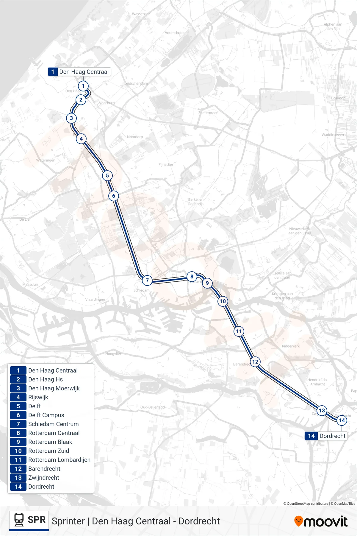 Lijn SPR (trein, Dordrecht): route en haltes op de kaart