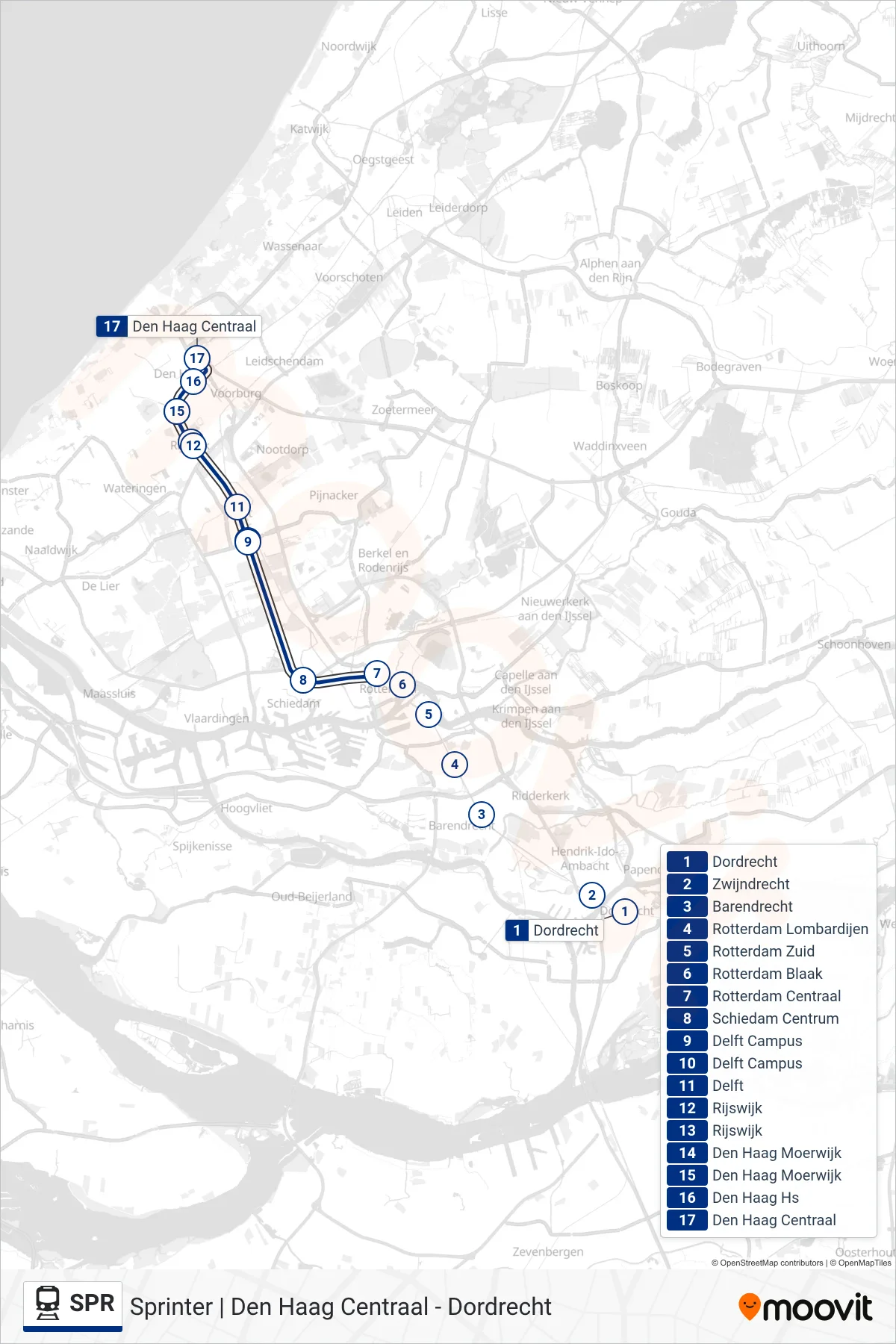 Lijn SPR (trein, Den Haag Centraal): route en haltes op de kaart