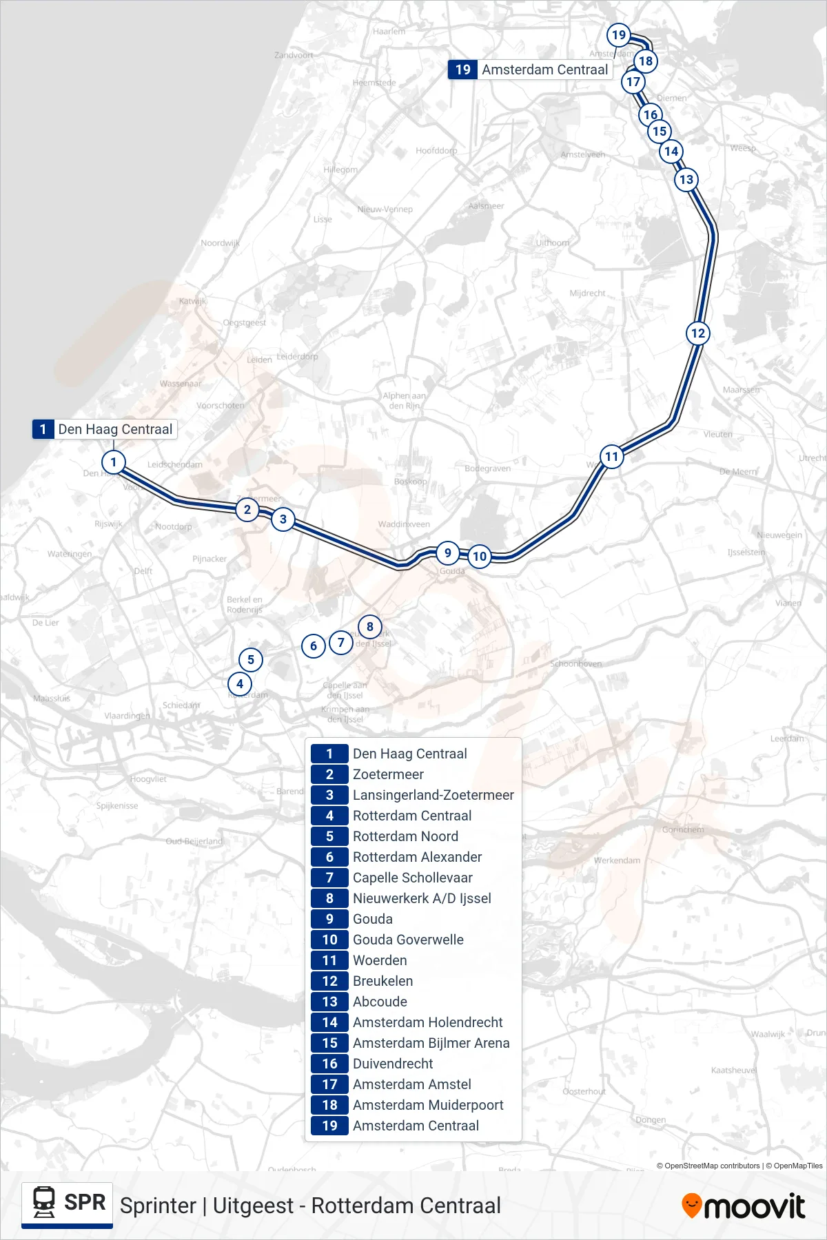 SPR train Line (Amsterdam Centraal) route and stops on a map
