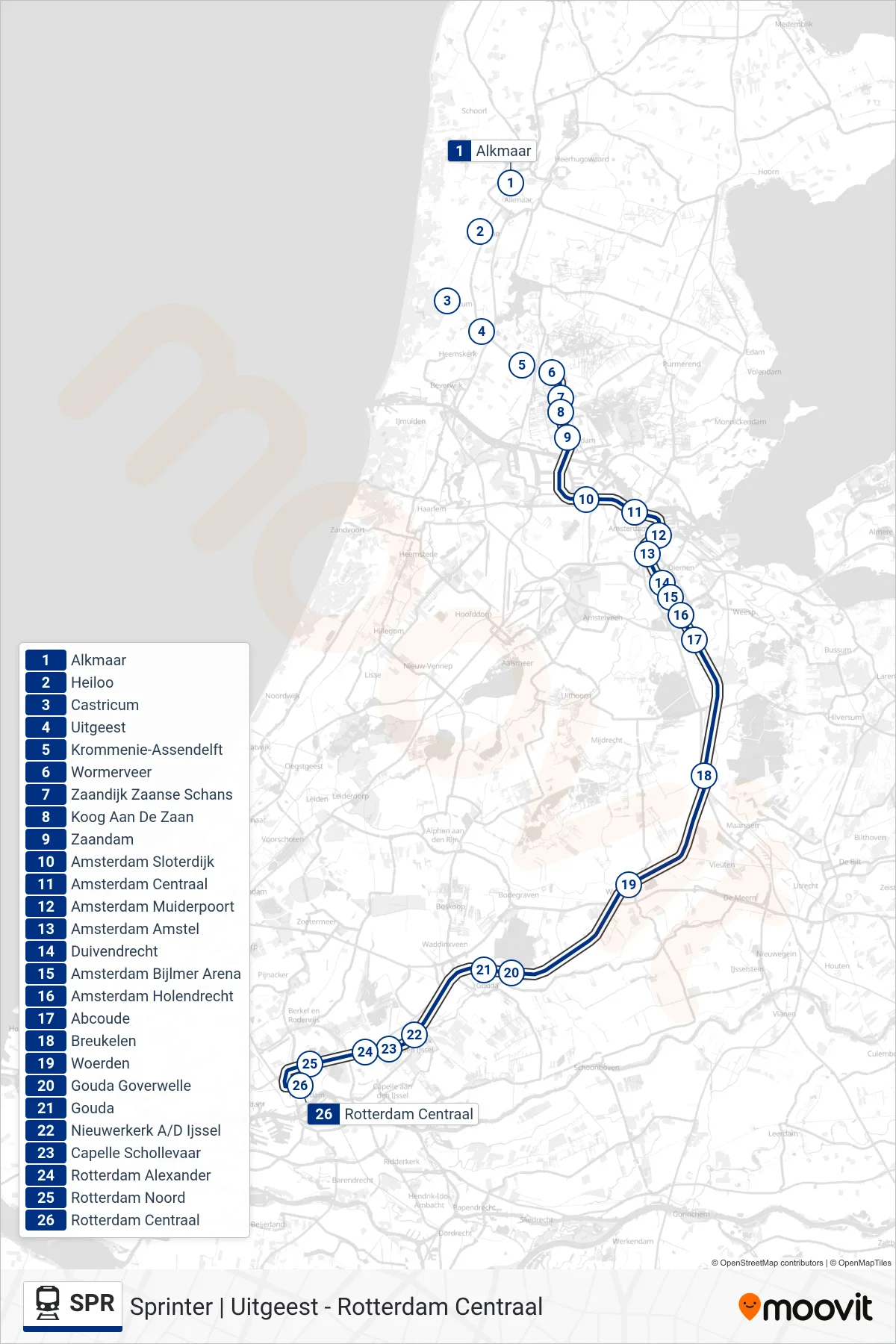 Lijn SPR (trein, Rotterdam Centraal): route en haltes op de kaart