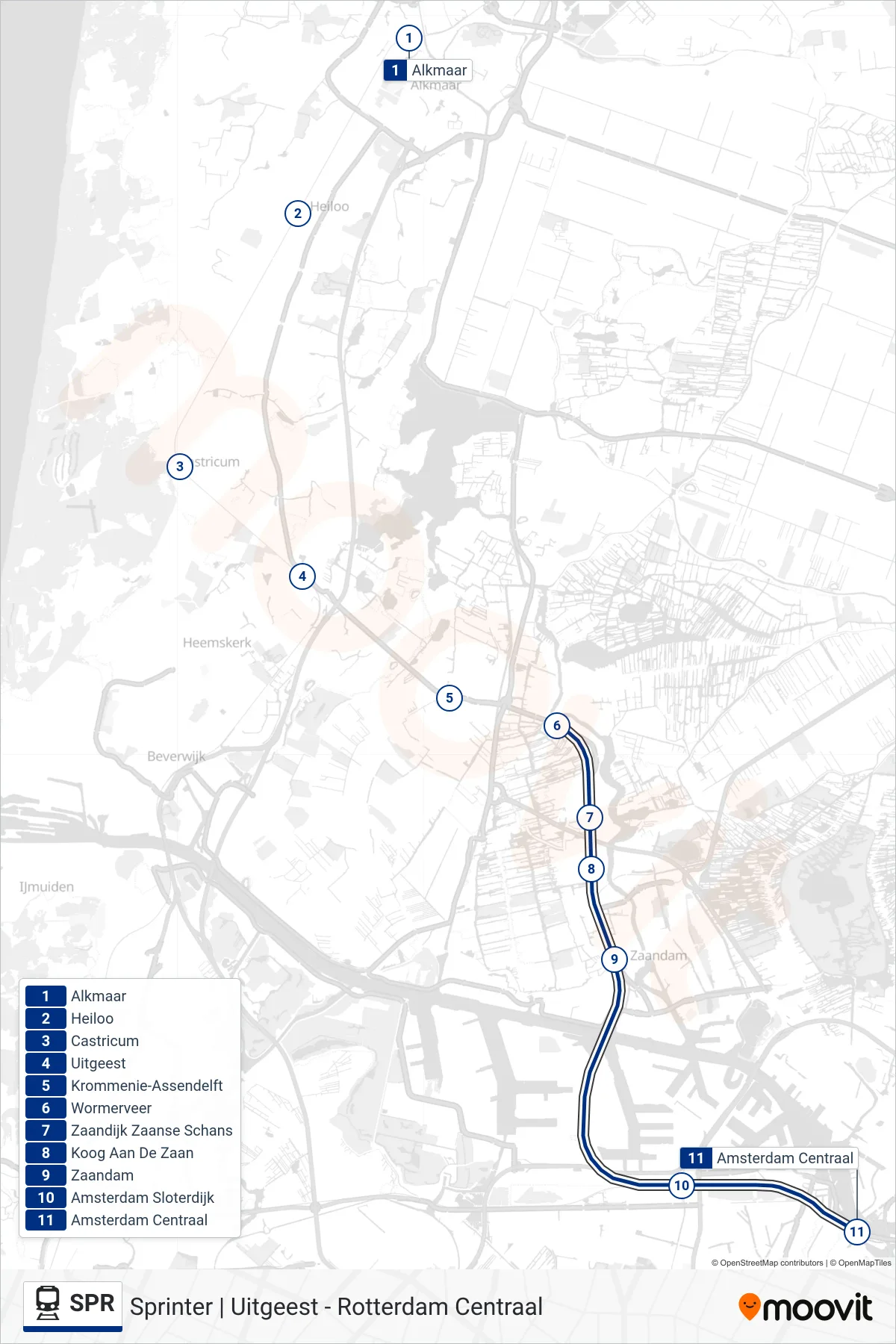 Lijn SPR (trein, Amsterdam Centraal): route en haltes op de kaart