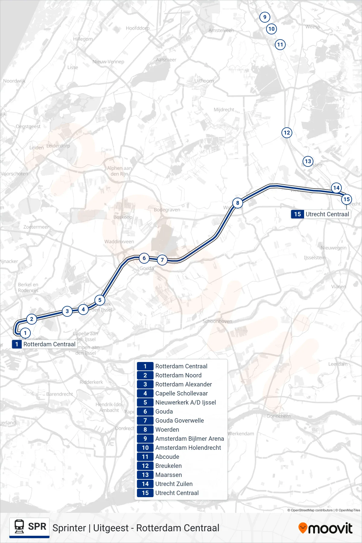 Lijn SPR (trein, Utrecht Centraal): route en haltes op de kaart