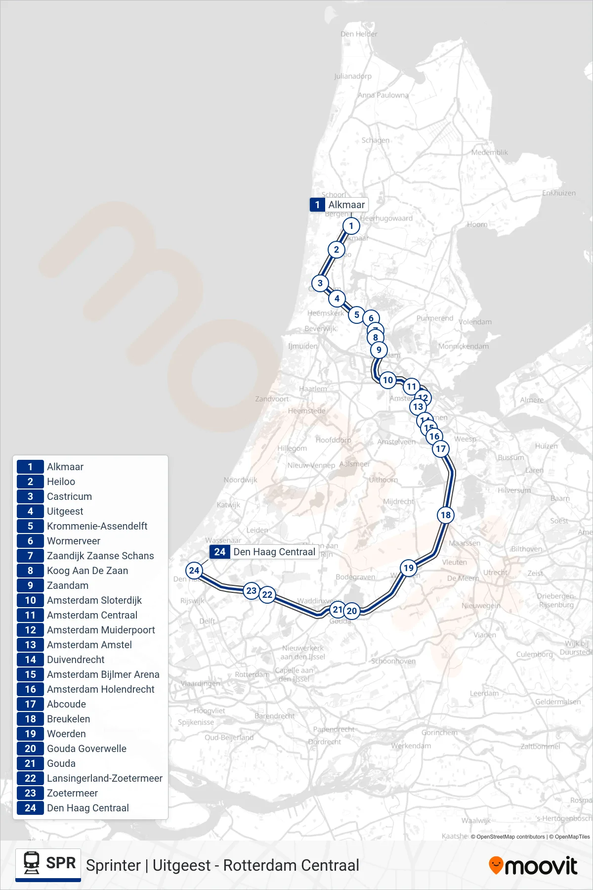 Lijn SPR (trein, Den Haag Centraal): route en haltes op de kaart