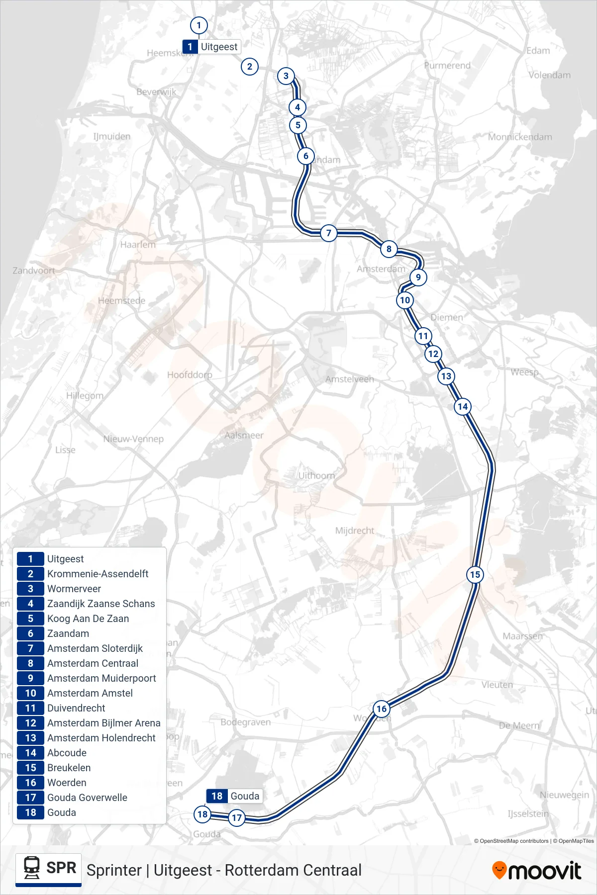 SPR train Line (Gouda) route and stops on a map