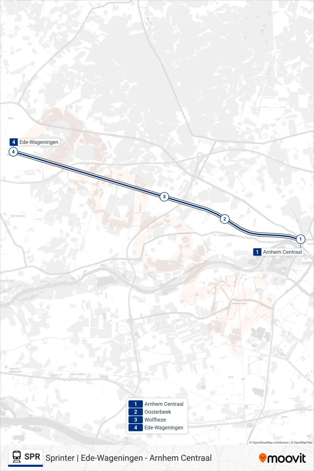 Lijn SPR (trein, Ede-Wageningen): route en haltes op de kaart