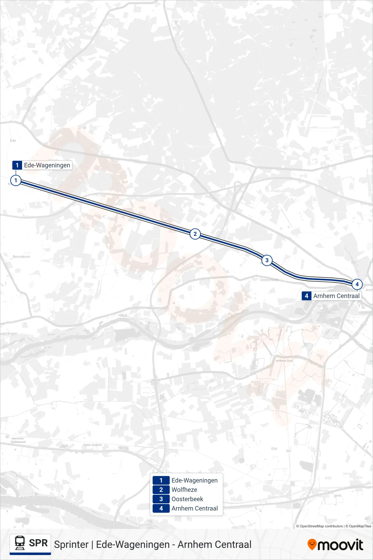 Lijn SPR (trein, Arnhem Centraal): route en haltes op de kaart