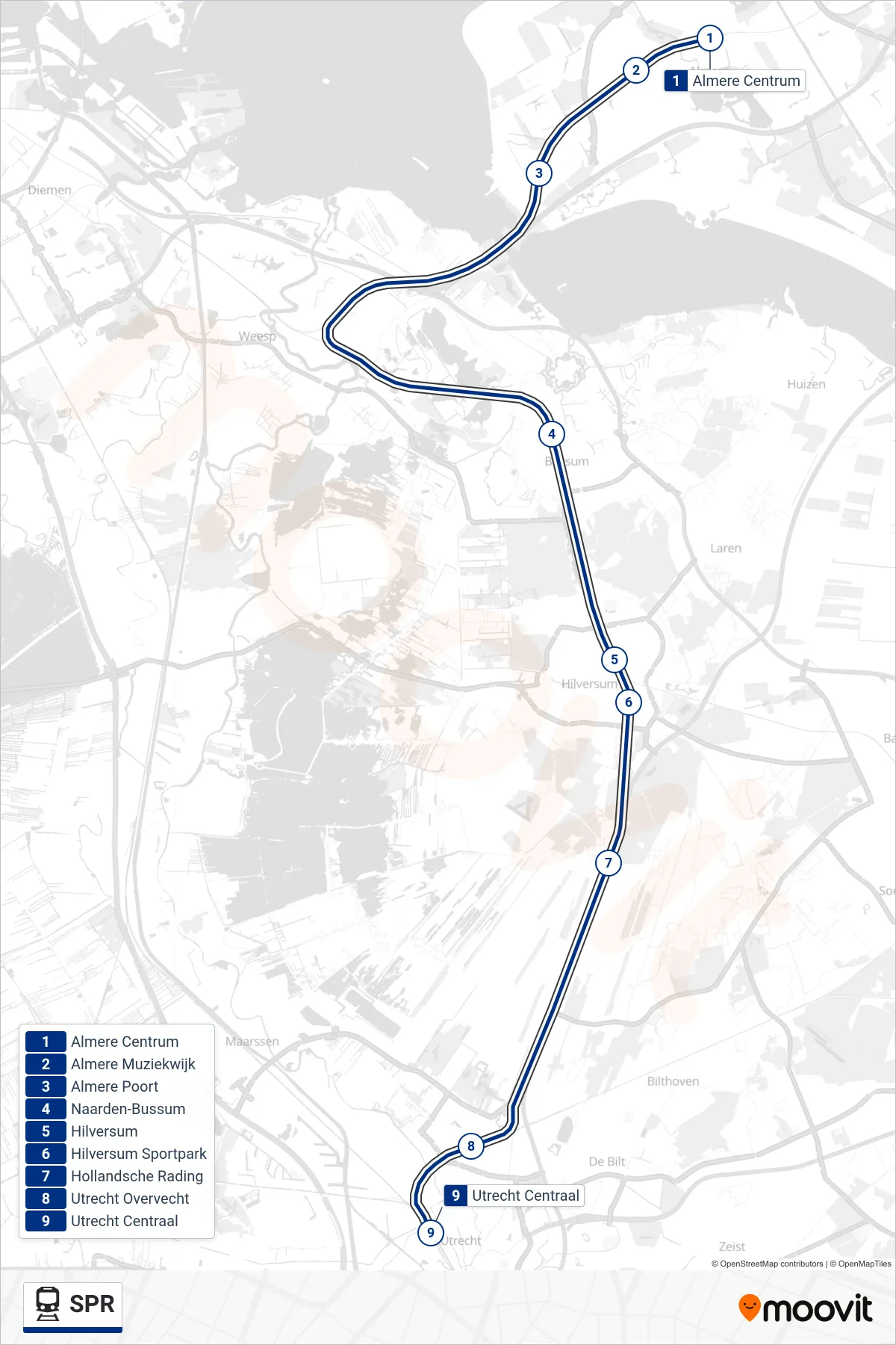 Lijn SPR (trein, Utrecht Centraal): route en haltes op de kaart