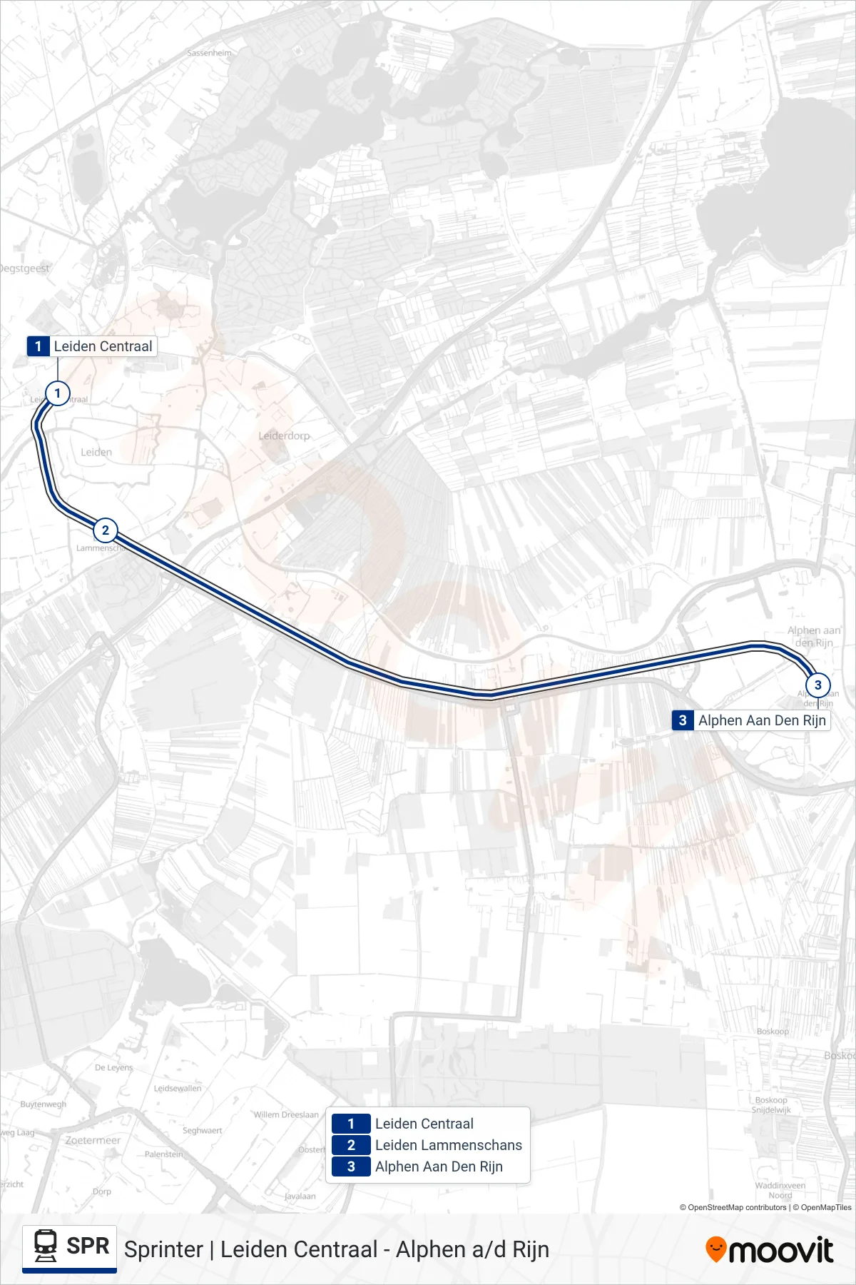 Lijn SPR (trein, Alphen A/D Rijn): route en haltes op de kaart