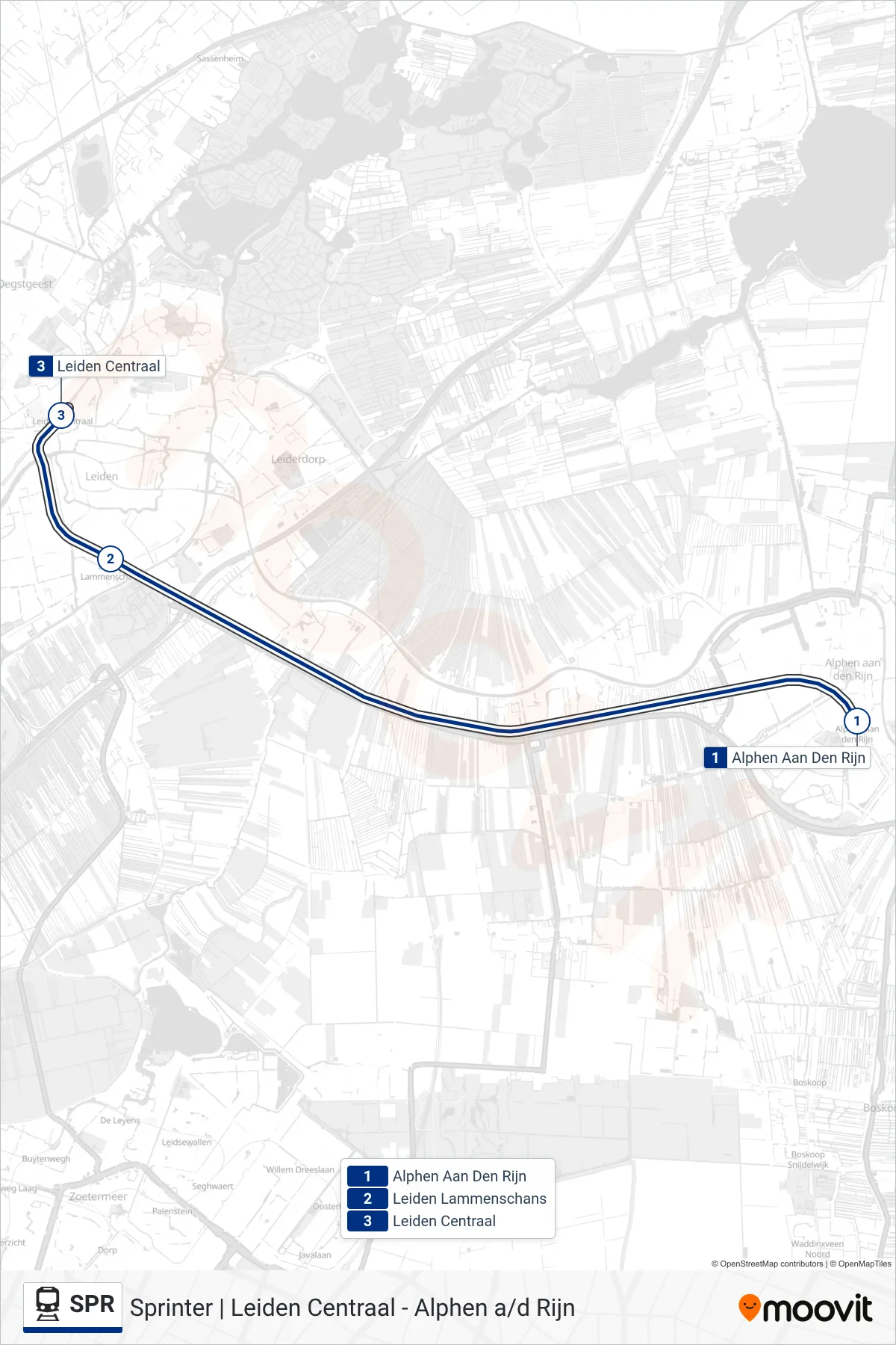 Lijn SPR (trein, Leiden Centraal): route en haltes op de kaart