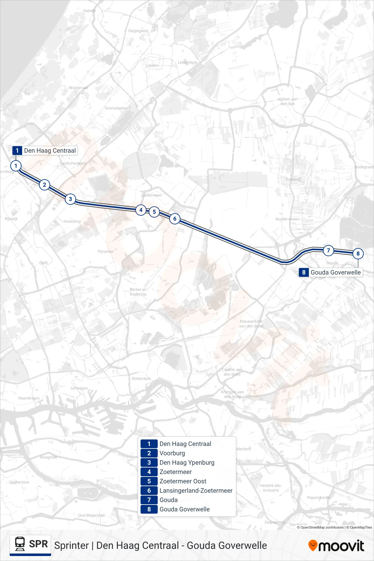 Lijn SPR (trein, Gouda Goverwelle): route en haltes op de kaart