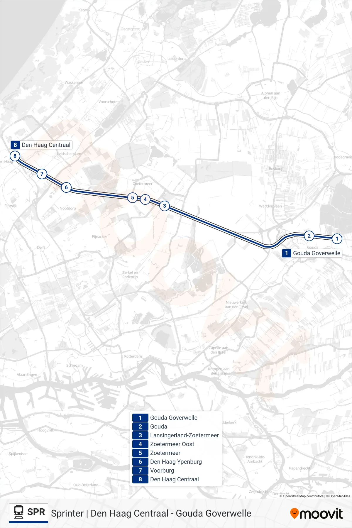 Lijn SPR (trein, Den Haag Centraal): route en haltes op de kaart