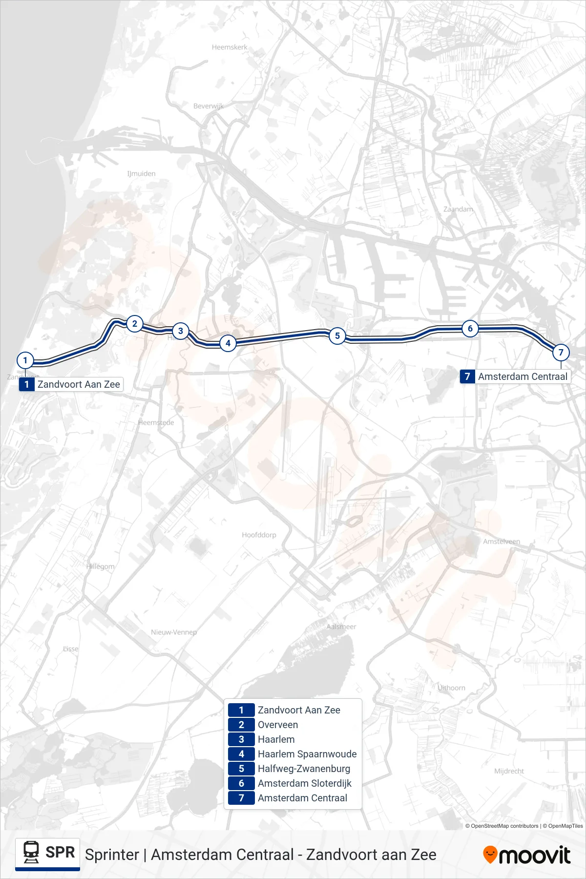 SPR train Line (Amsterdam Centraal) route and stops on a map