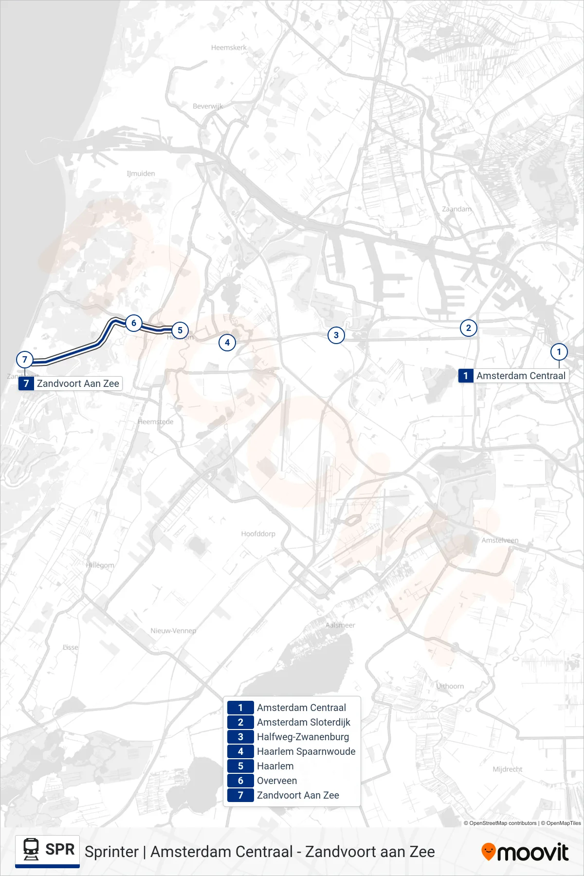 SPR train Line (Zandvoort Aan Zee) route and stops on a map