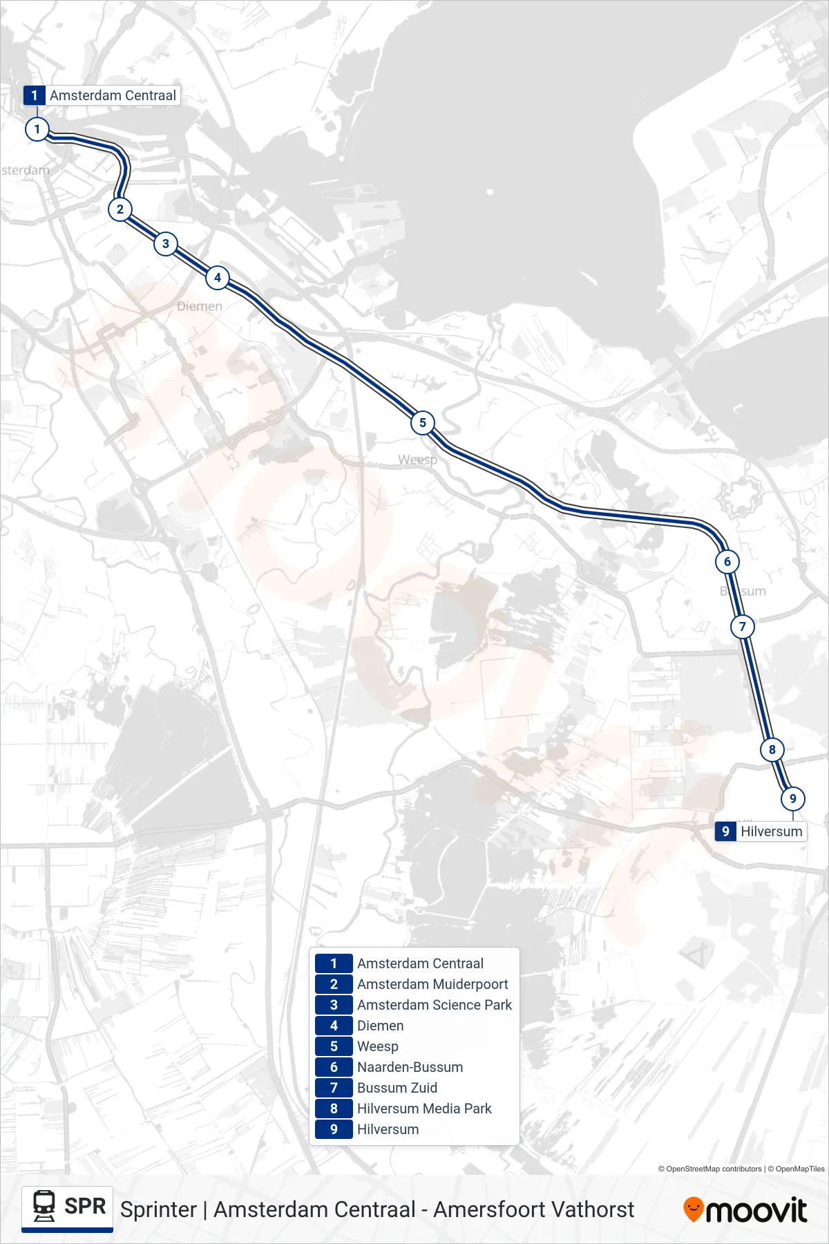 Lijn SPR (trein, Hilversum): route en haltes op de kaart