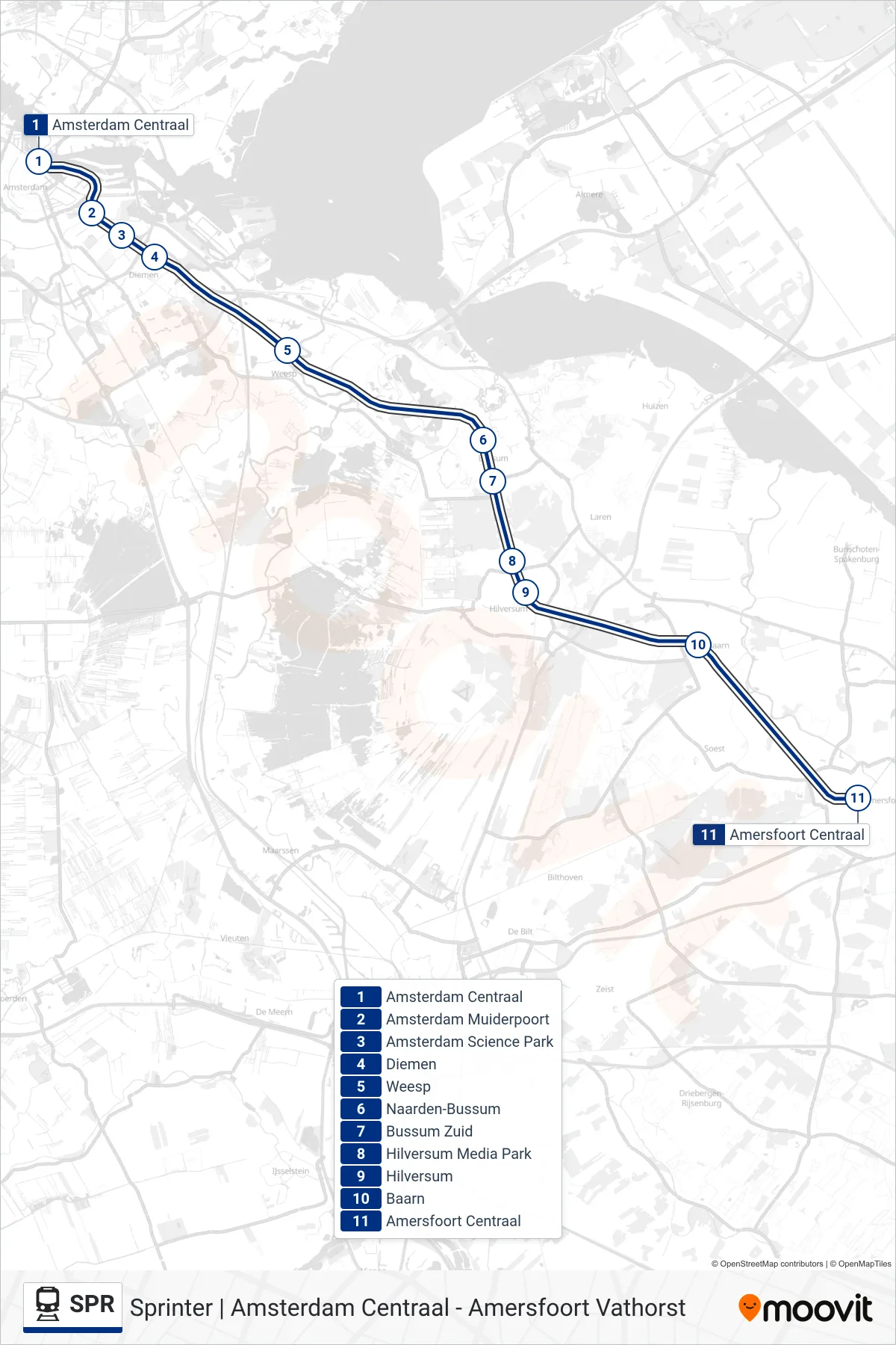 Lijn SPR (trein, Amersfoort Centraal): route en haltes op de kaart