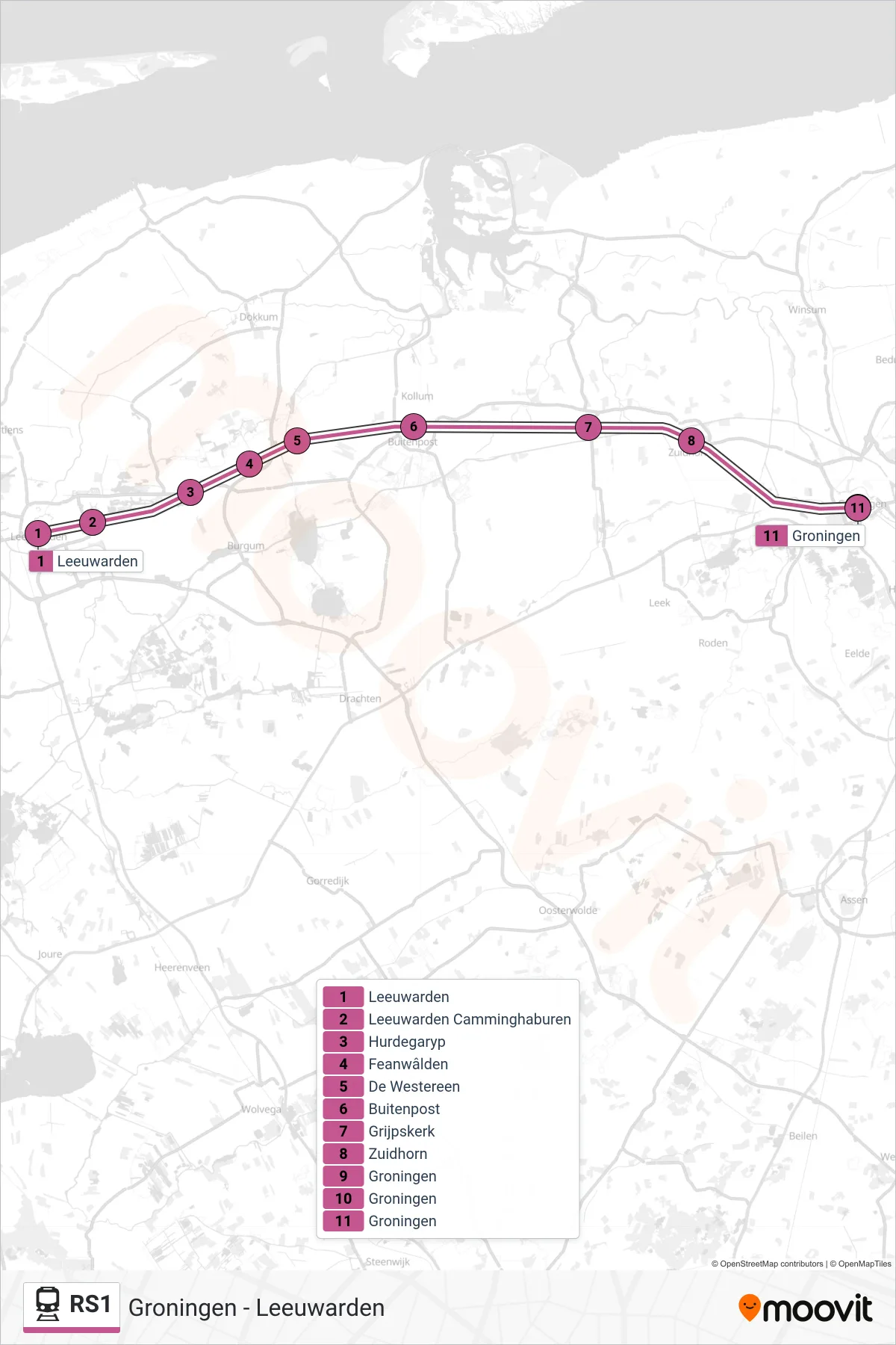 Lijn RS1 (trein, Groningen): route en haltes op de kaart