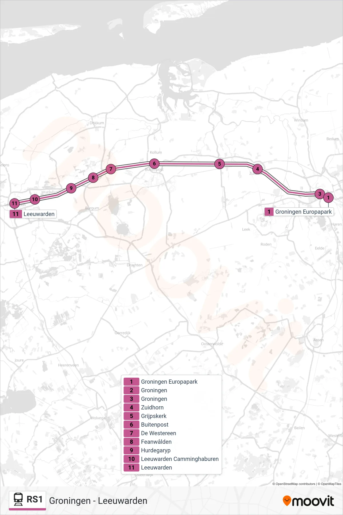 Lijn RS1 (trein, Leeuwarden): route en haltes op de kaart