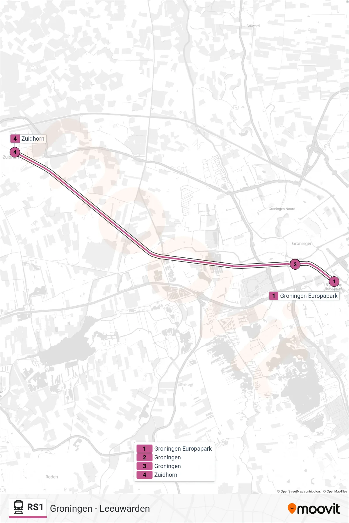 RS1 train Line (Zuidhorn) route and stops on a map