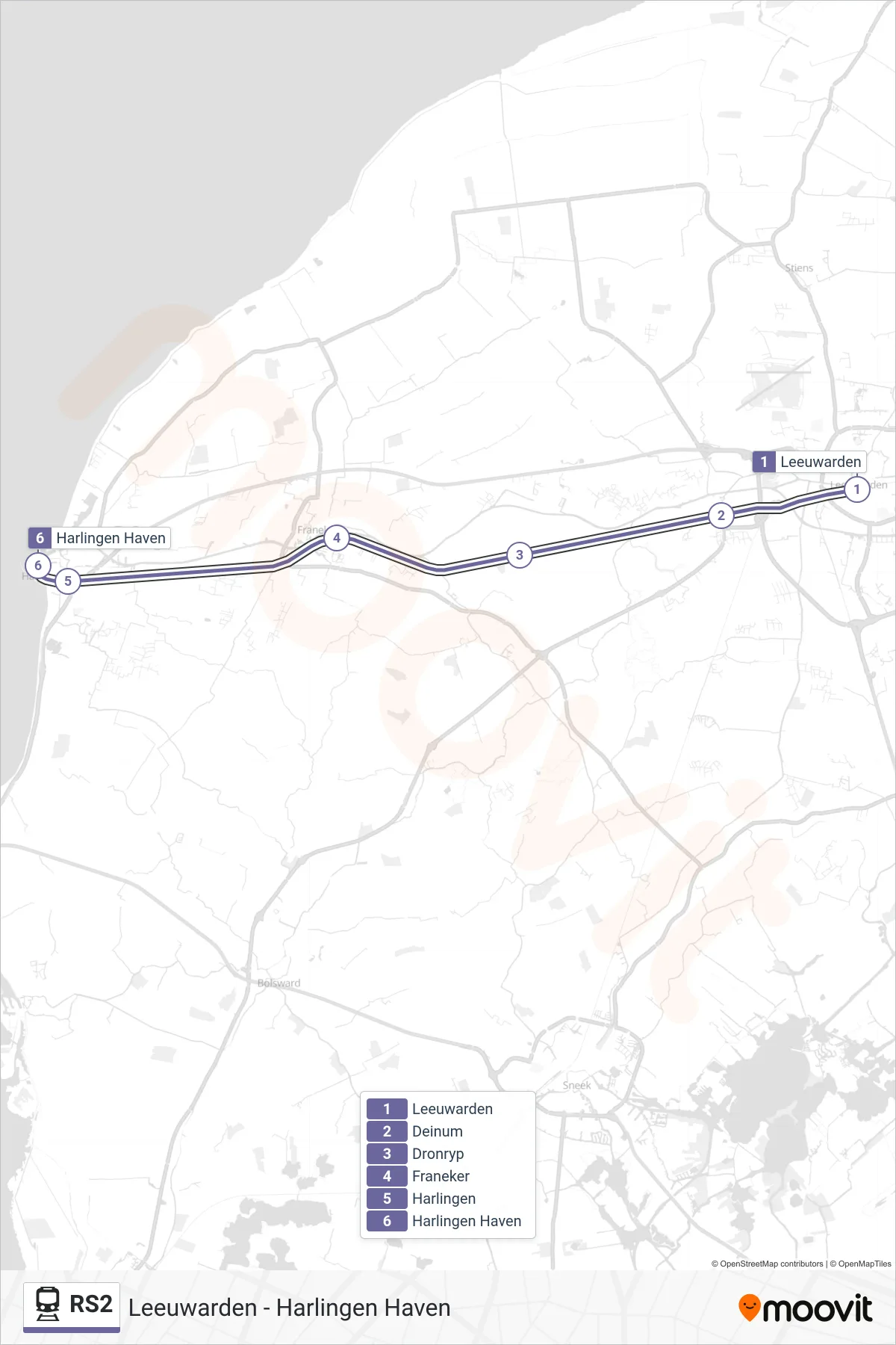 Lijn RS2 (trein, Harlingen Haven): route en haltes op de kaart