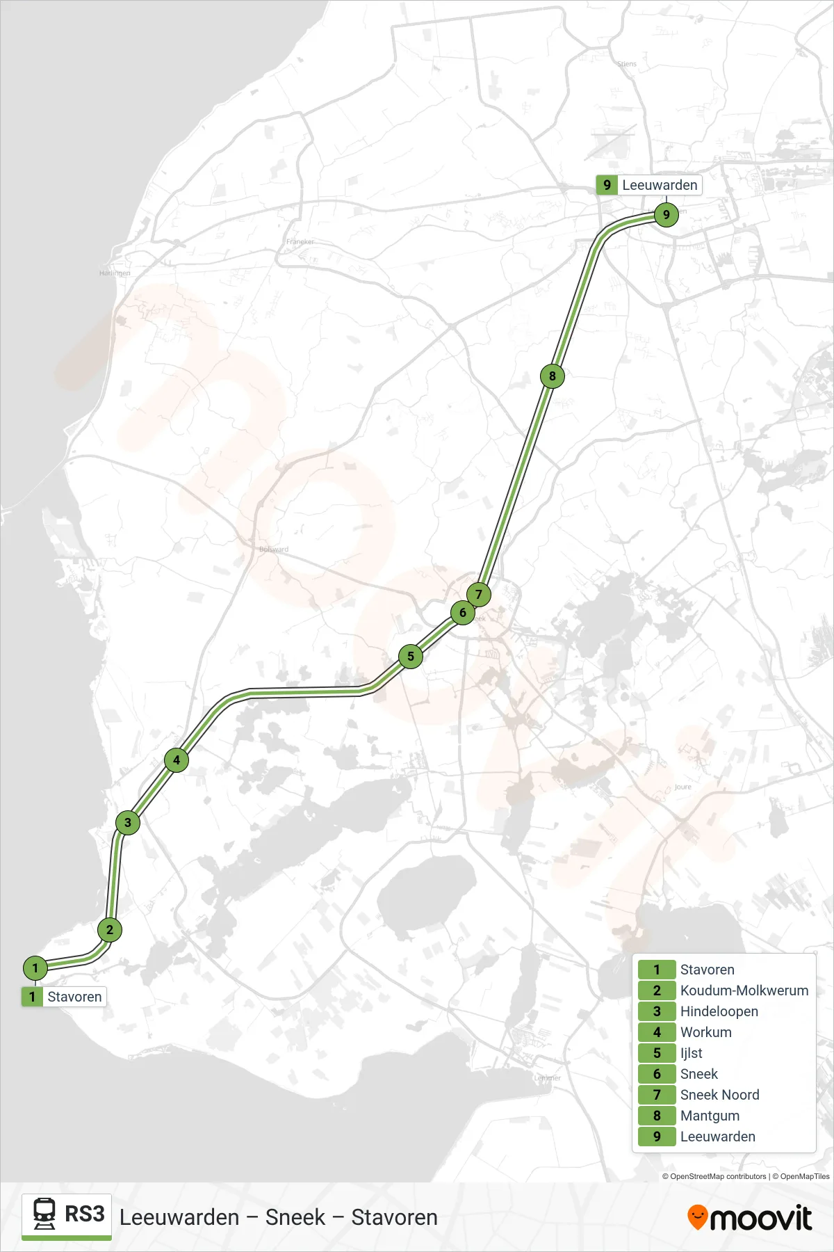 Lijn RS3 (trein, Leeuwarden): route en haltes op de kaart