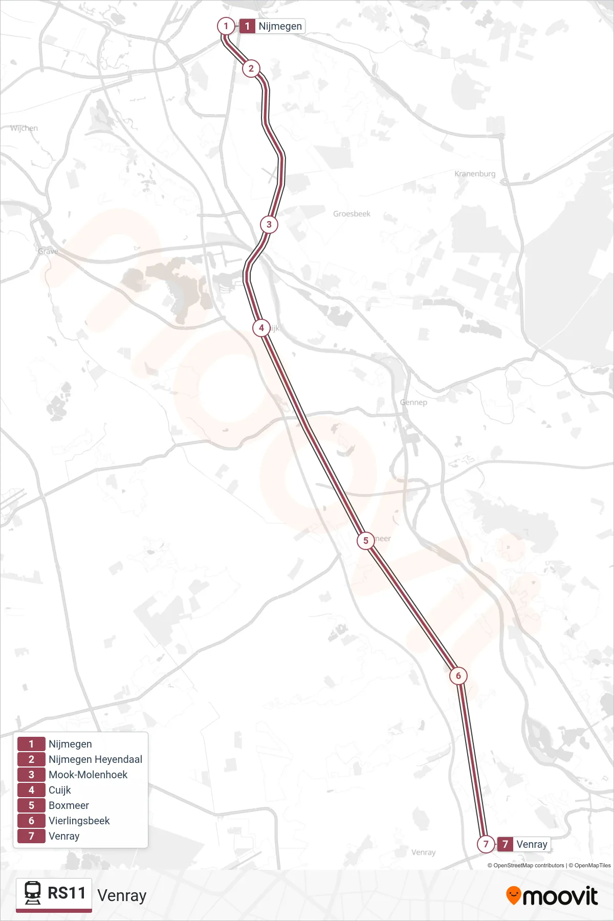 Lijn RS11 (trein, Venray): route en haltes op de kaart