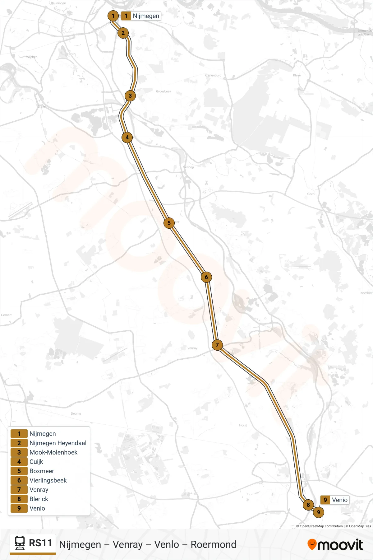 Lijn RS11 (trein, Venlo): route en haltes op de kaart
