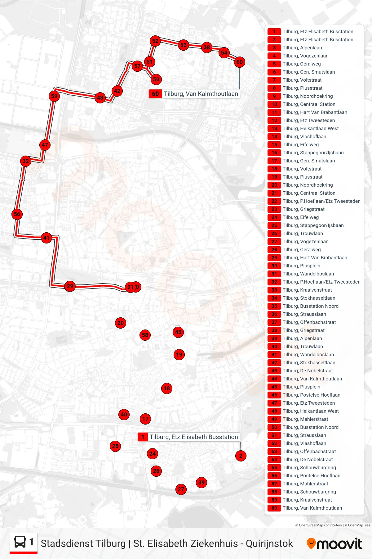 Lijn 1 (bus, Nrd-Quirijnstok): route en haltes op de kaart