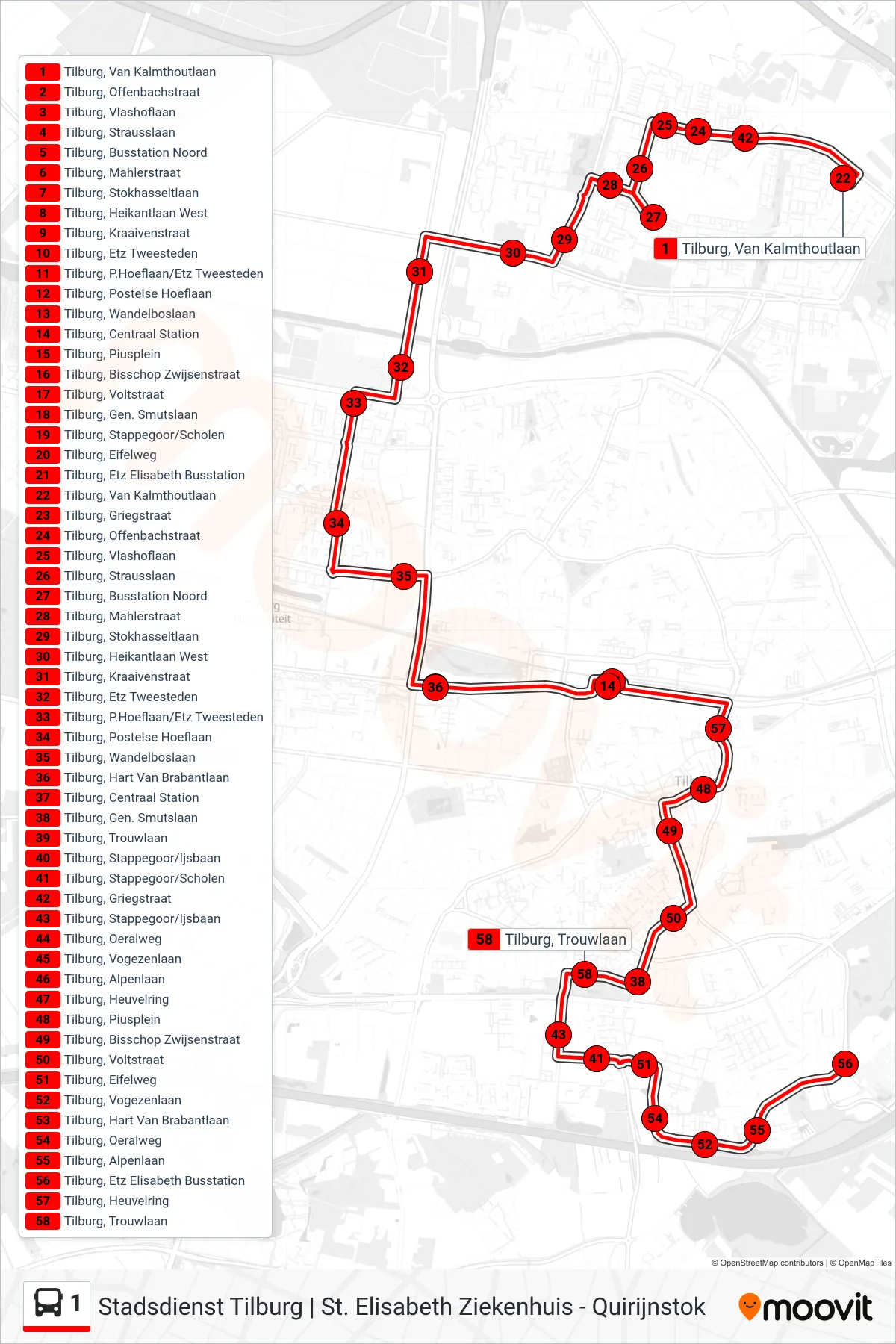 Lijn 1 (bus, Etz Elisabeth): route en haltes op de kaart