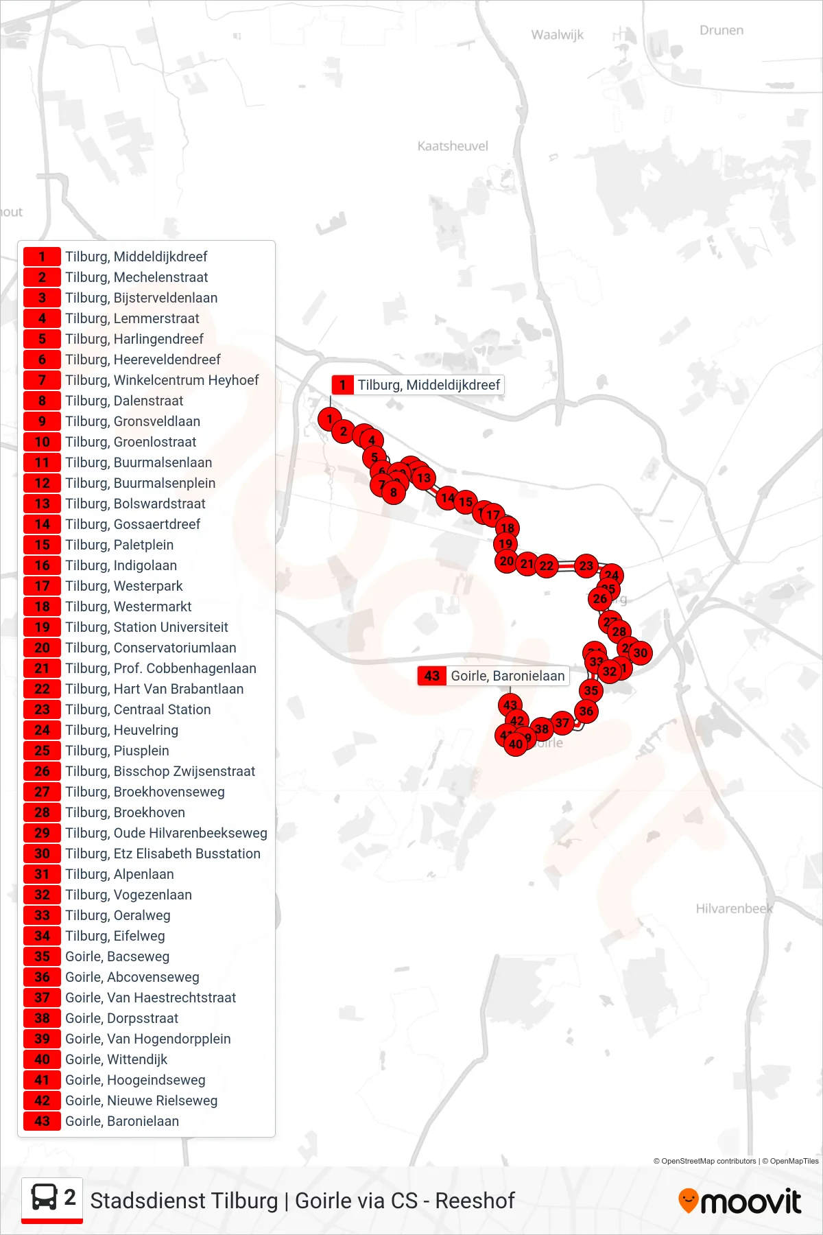 Lijn 2 (bus, Goirle): route en haltes op de kaart