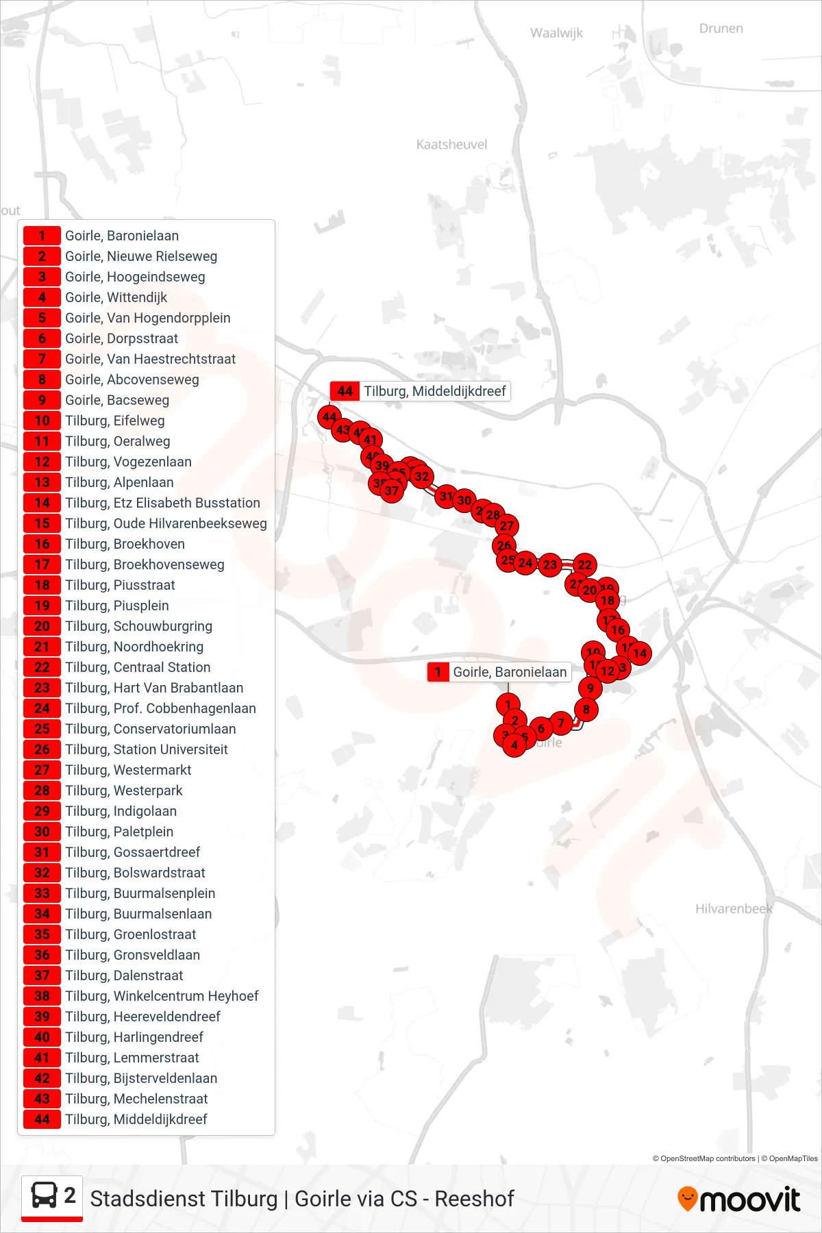 Lijn 2 (bus, Reeshof): route en haltes op de kaart