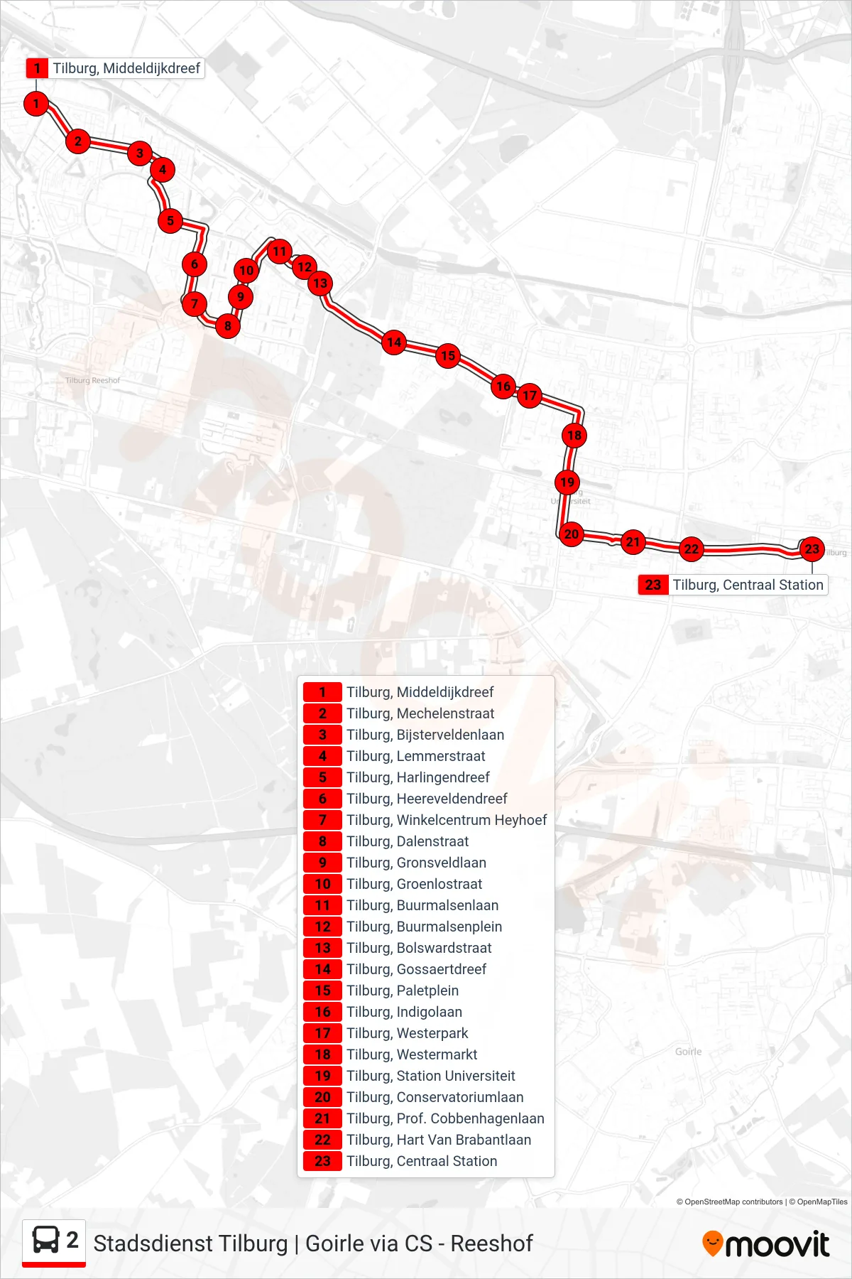 2 bus Line (Centraal Station) route and stops on a map