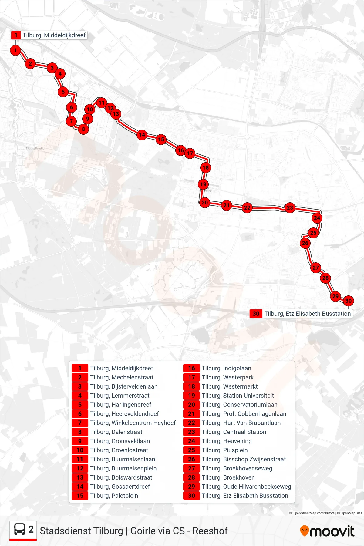 2 bus Line (Etz Elisabeth) route and stops on a map