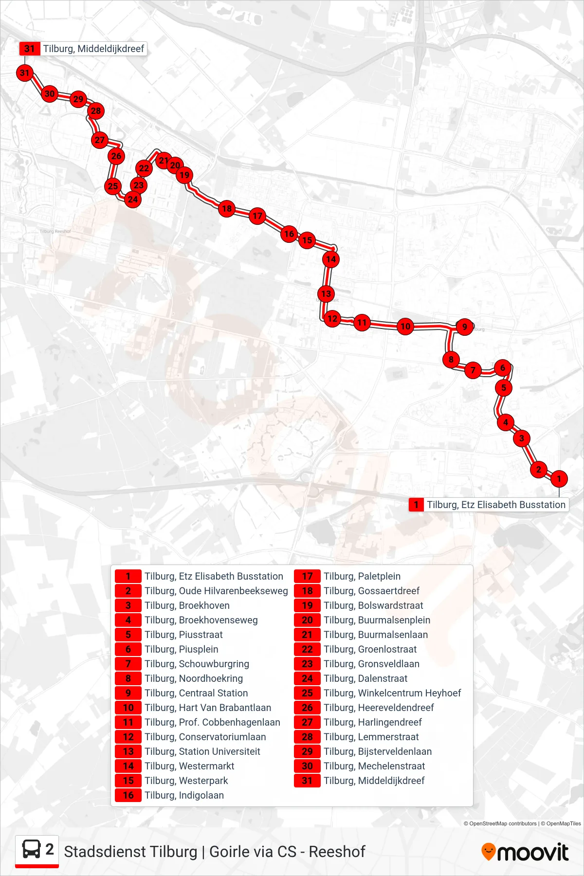 Lijn 2 (bus, Reeshof NW): route en haltes op de kaart