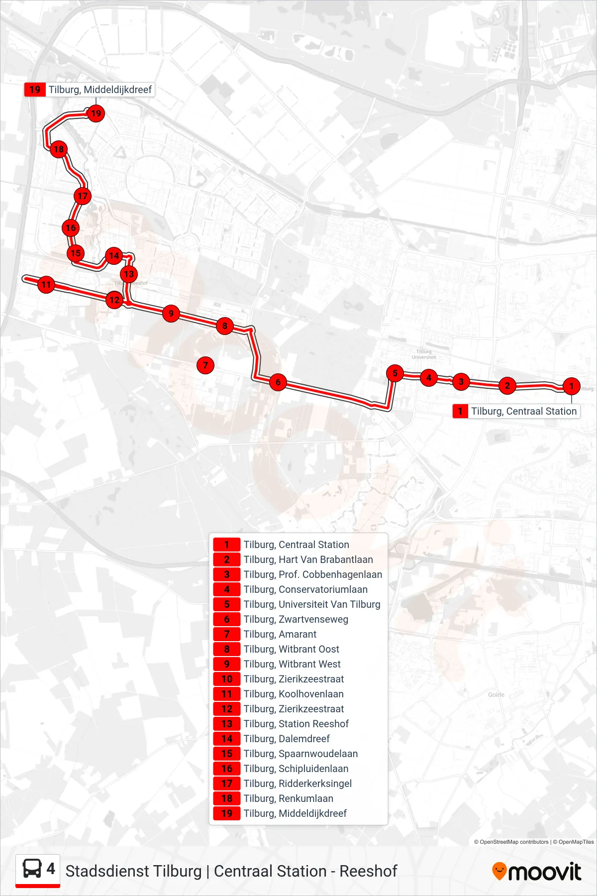 Lijn 4 (bus, Reeshof Zw): route en haltes op de kaart