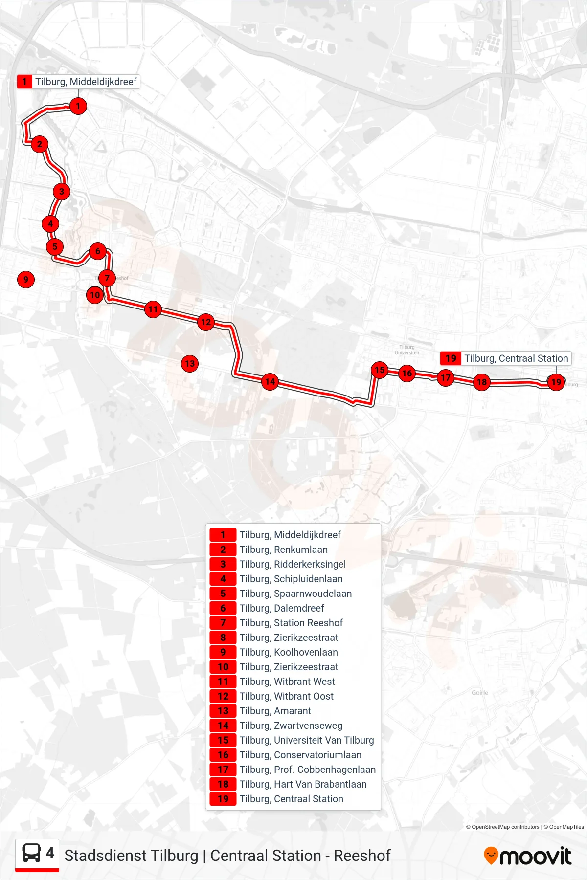 Lijn 4 (bus, Centraal Station): route en haltes op de kaart