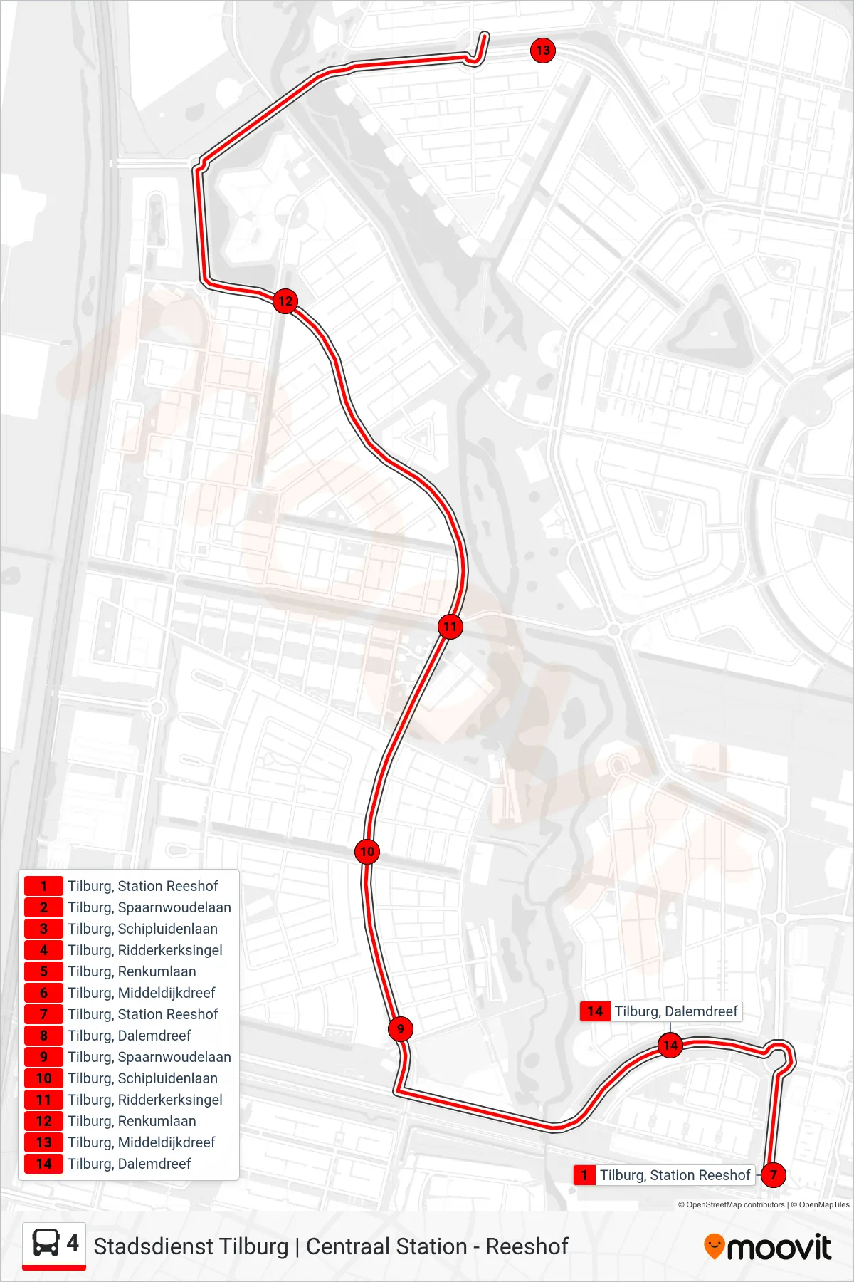 4 bus Line (Reeshof) route and stops on a map