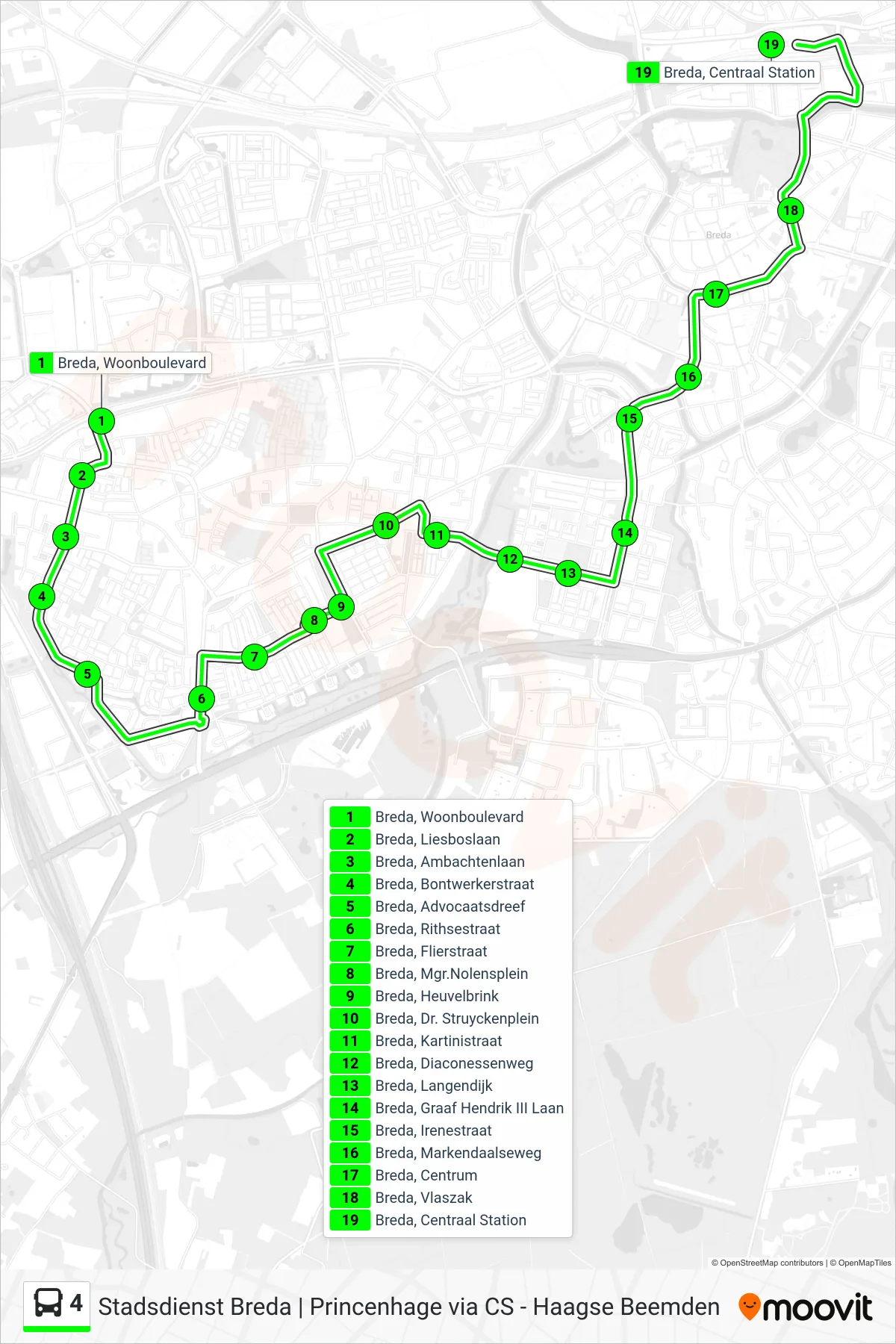 Lijn 4 (bus, Centraal Station): route en haltes op de kaart