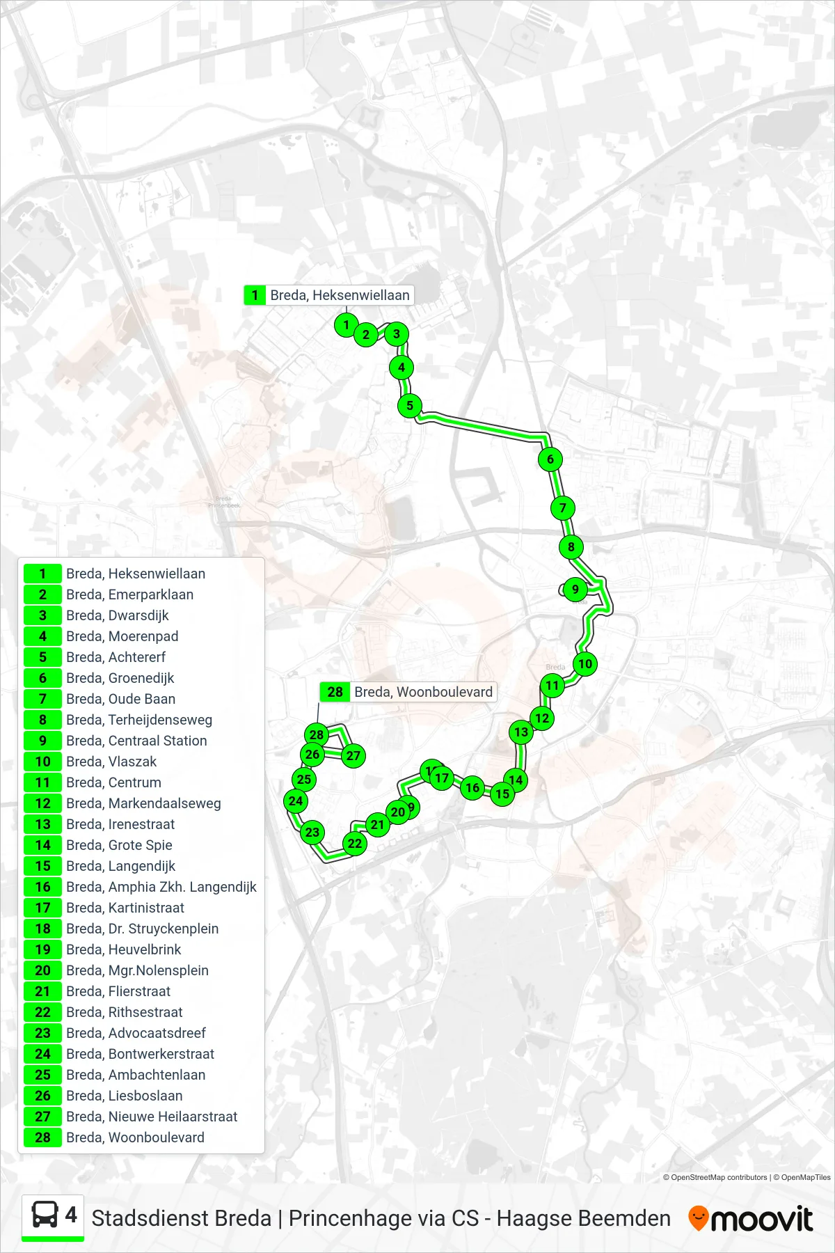 Lijn 4 (bus, Princenhage): route en haltes op de kaart