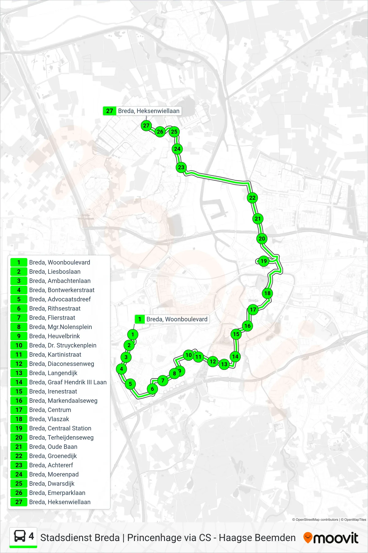 Lijn 4 (bus, Haagse Beemden): route en haltes op de kaart