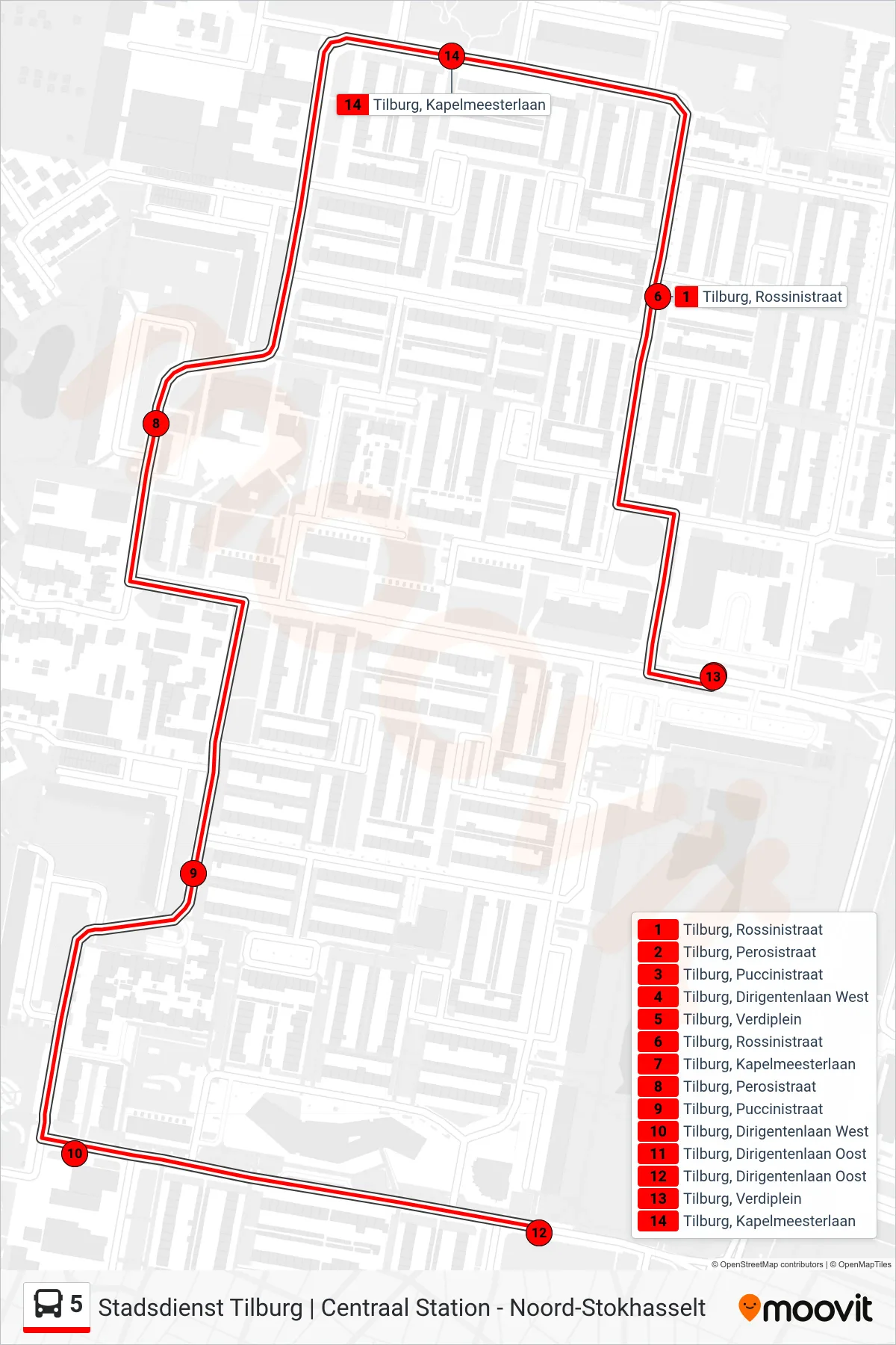 Lijn 5 (bus, Dirigentenlaan Oost): route en haltes op de kaart