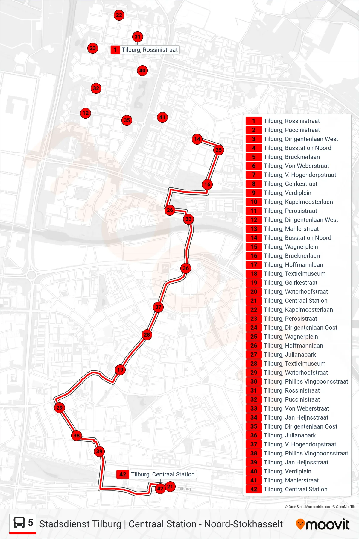 5 bus Line (Centraal Station) route and stops on a map