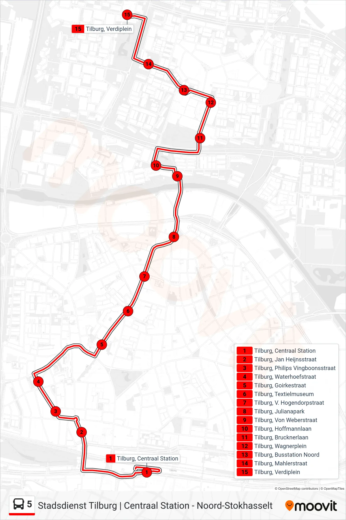 Lijn 5 (bus, Noord): route en haltes op de kaart