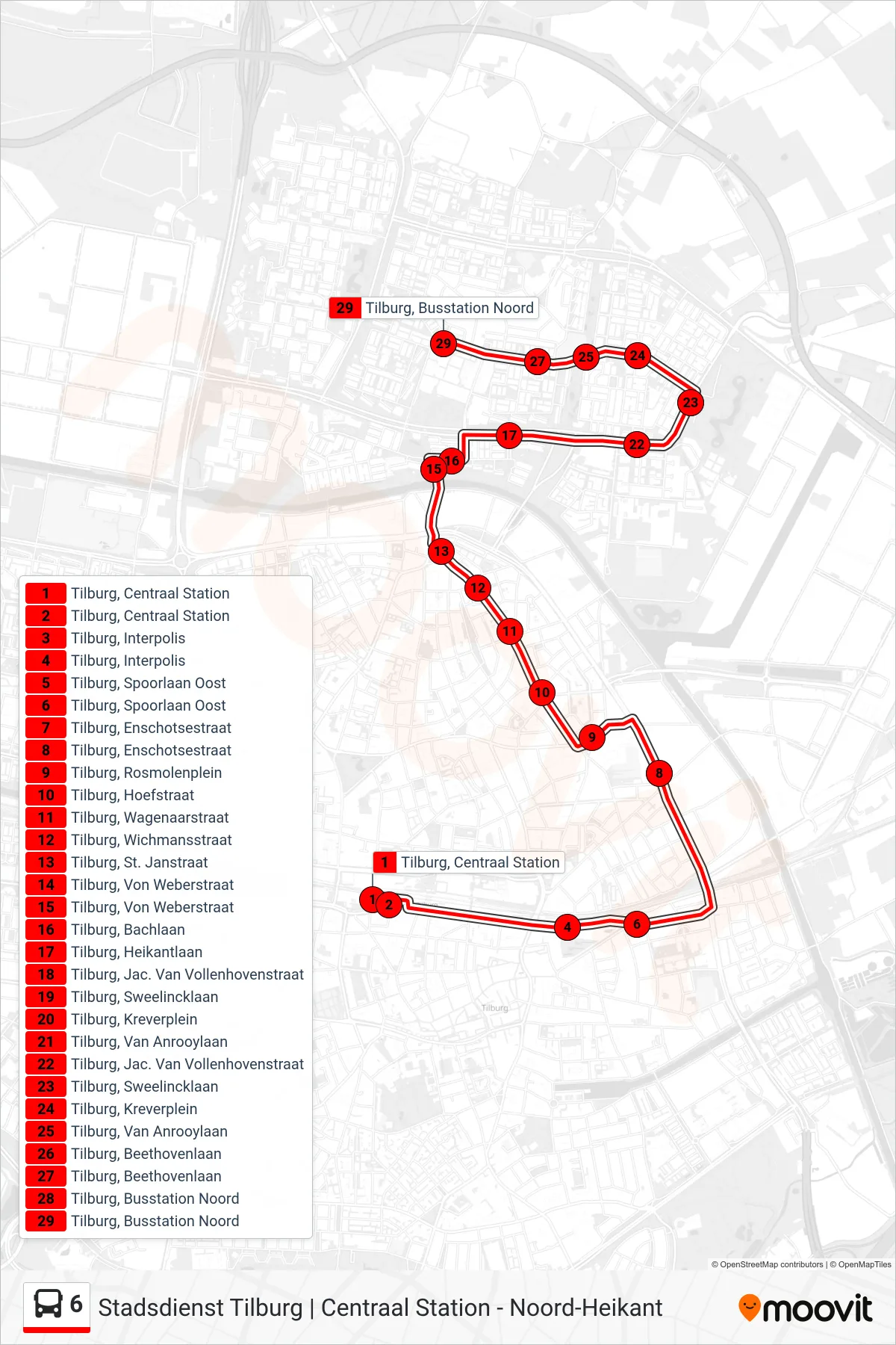Lijn 6 (bus, Noord): route en haltes op de kaart