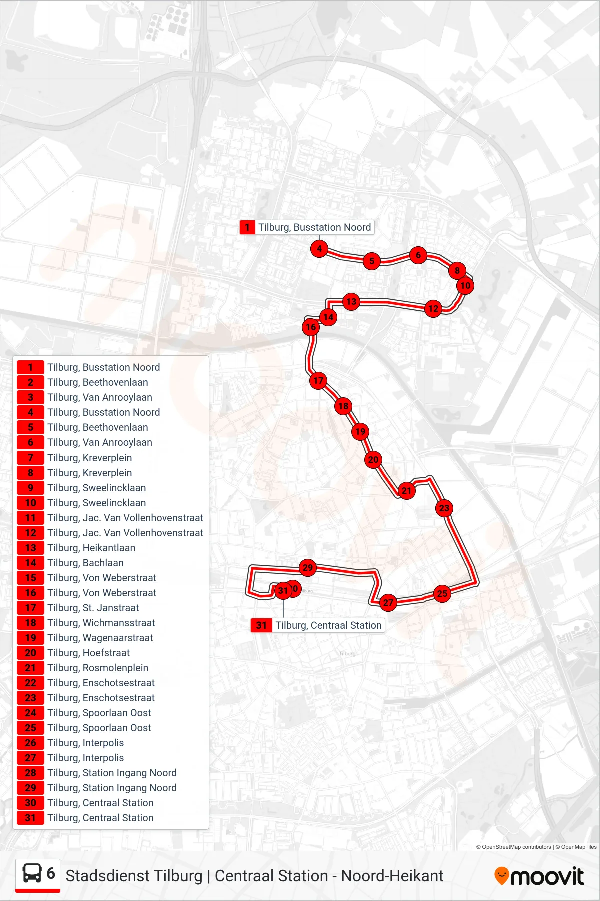 Lijn 6 (bus, Centraal Station): route en haltes op de kaart