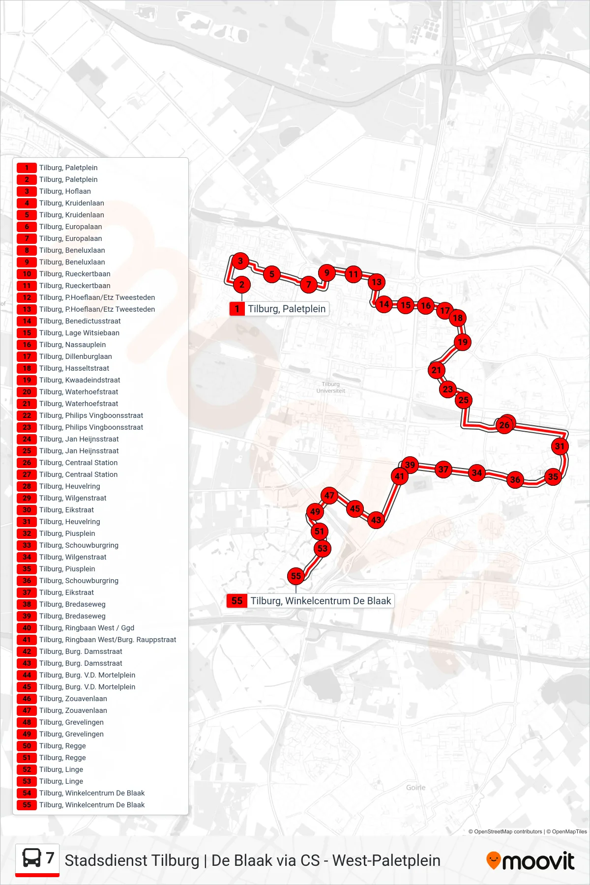 Lijn 7 (bus, De Blaak): route en haltes op de kaart