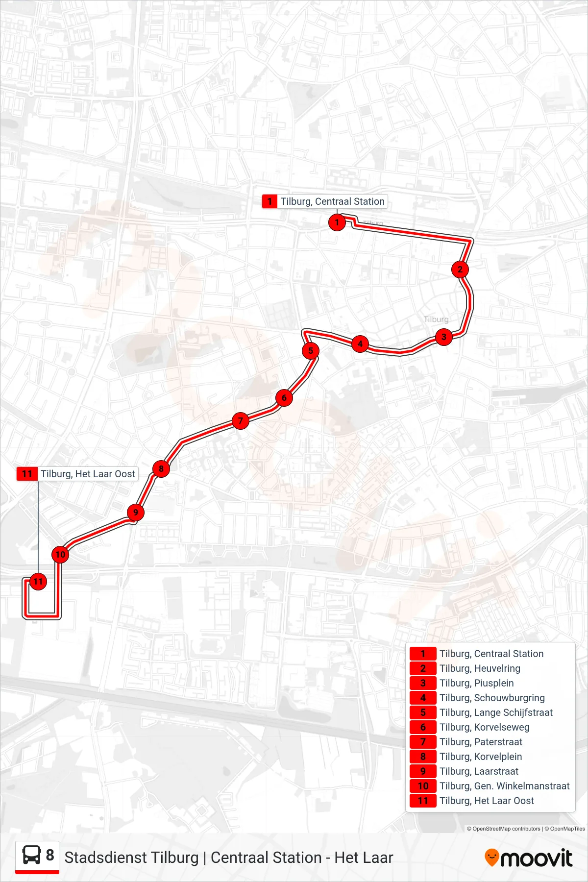 Lijn 8 (bus, Het Laar Oost): route en haltes op de kaart