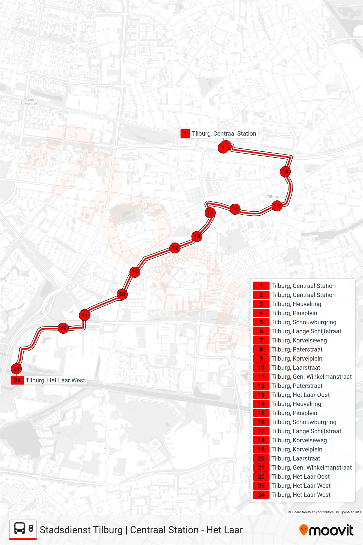 Lijn 8 (bus, Het Laar): route en haltes op de kaart