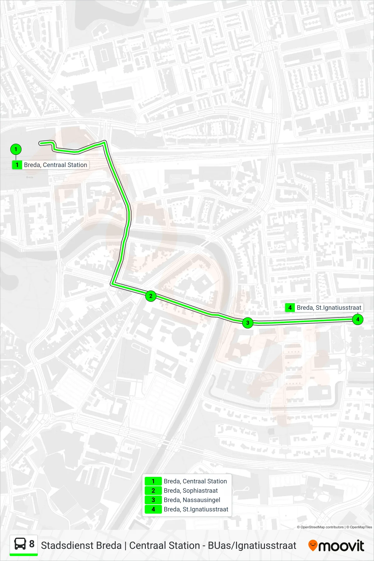 8 bus Line (St. Ignatiusstraat) route and stops on a map
