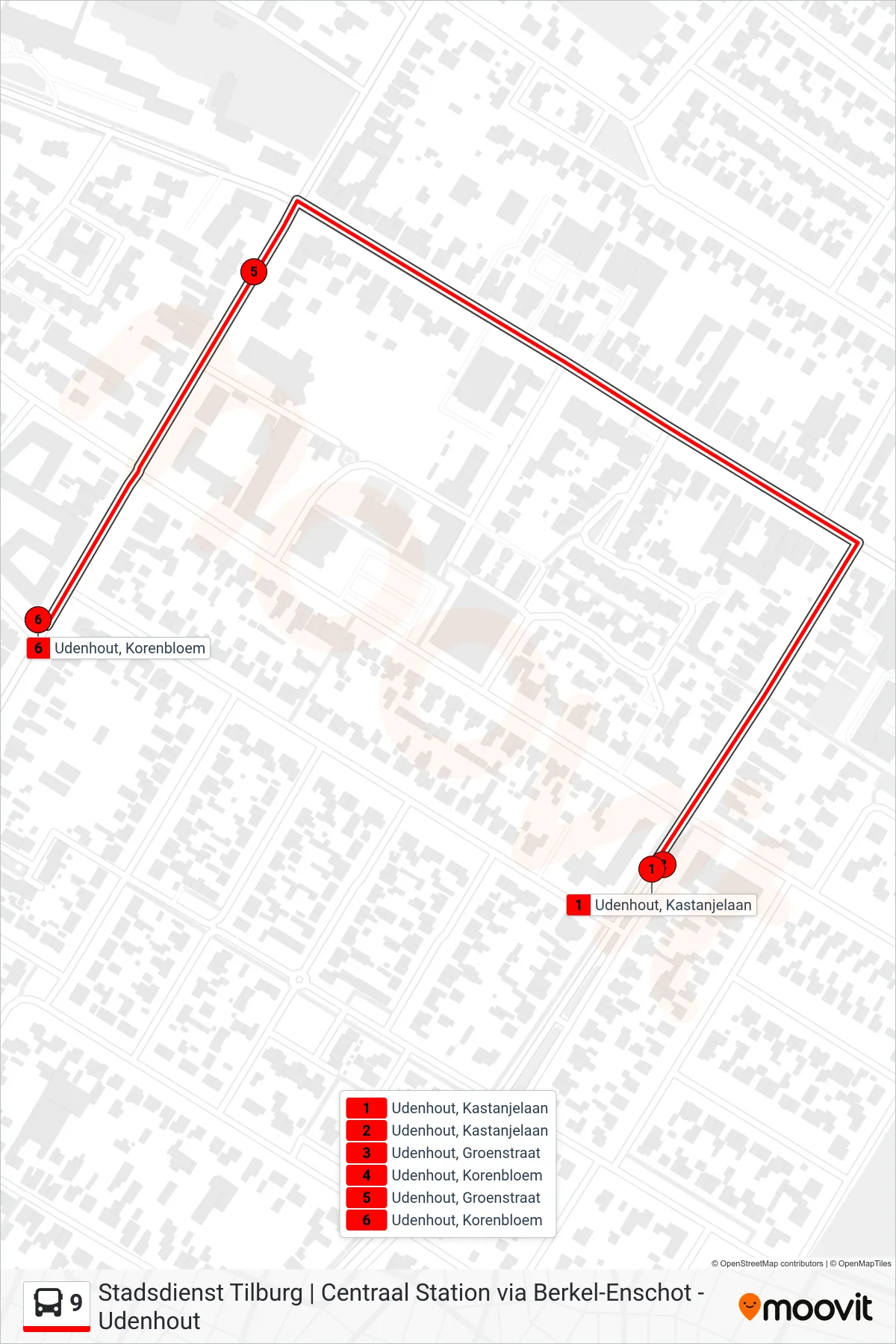 Lijn 9 (bus, Udenhout): route en haltes op de kaart