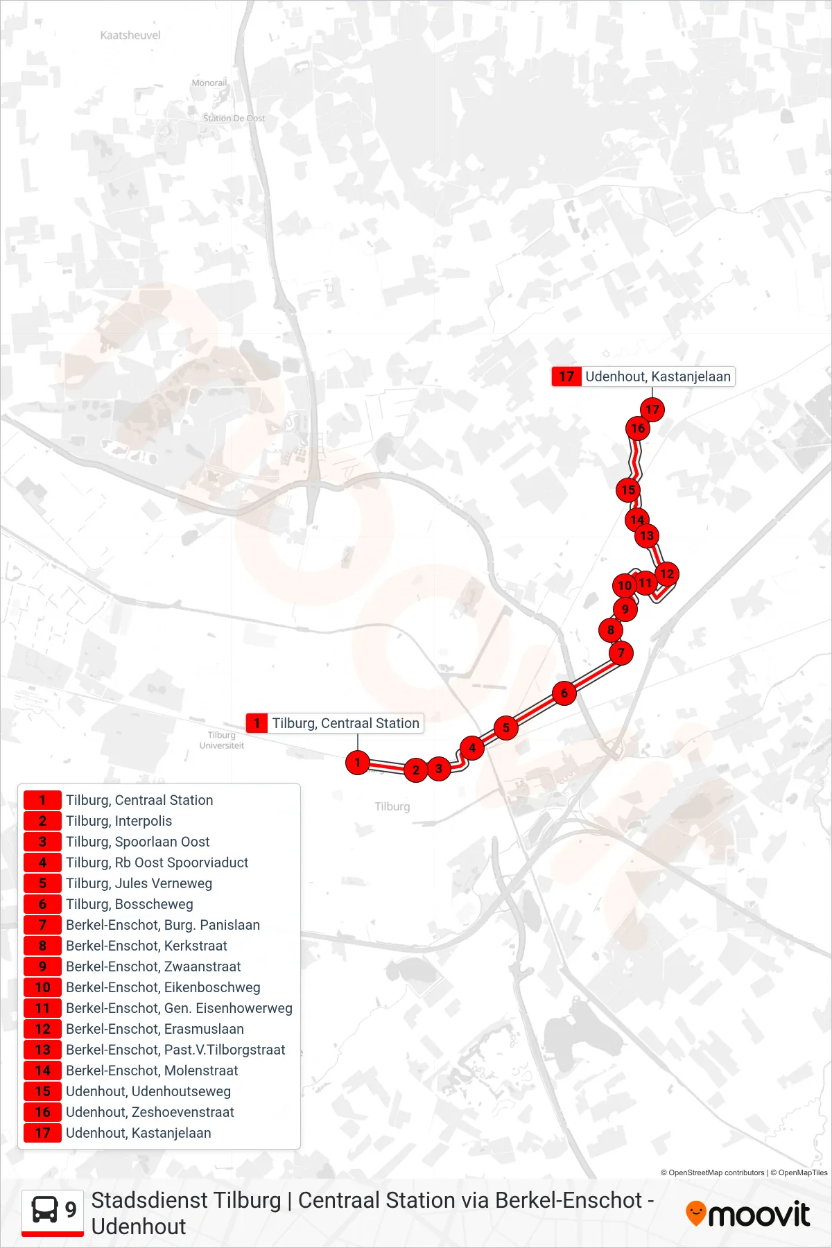 Lijn 9 (bus, Udenhout): route en haltes op de kaart